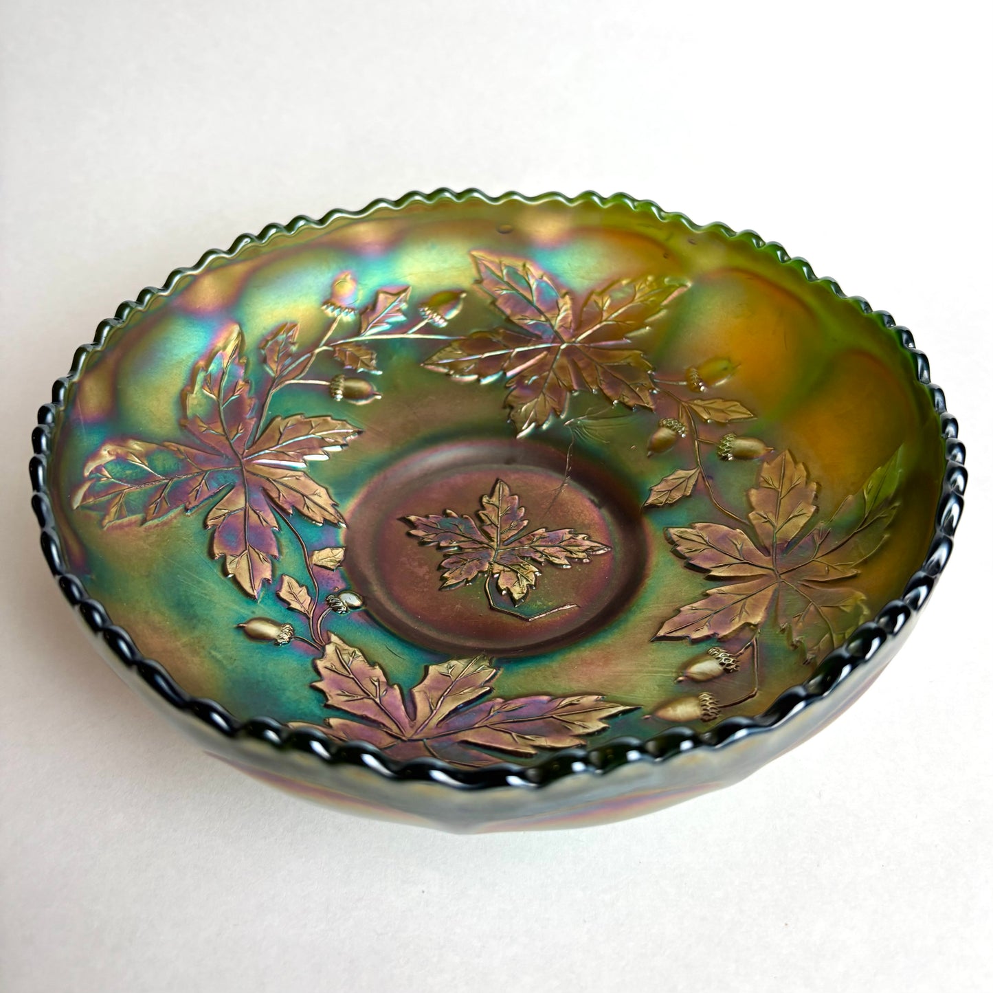 Fenton Carnival Glass Green on Blue Autumn Acorns Carnival Glass Bowl