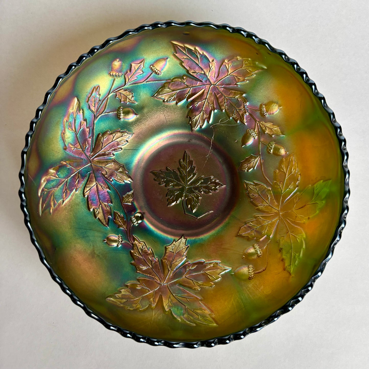 Fenton Carnival Glass Green on Blue Autumn Acorns Carnival Glass Bowl