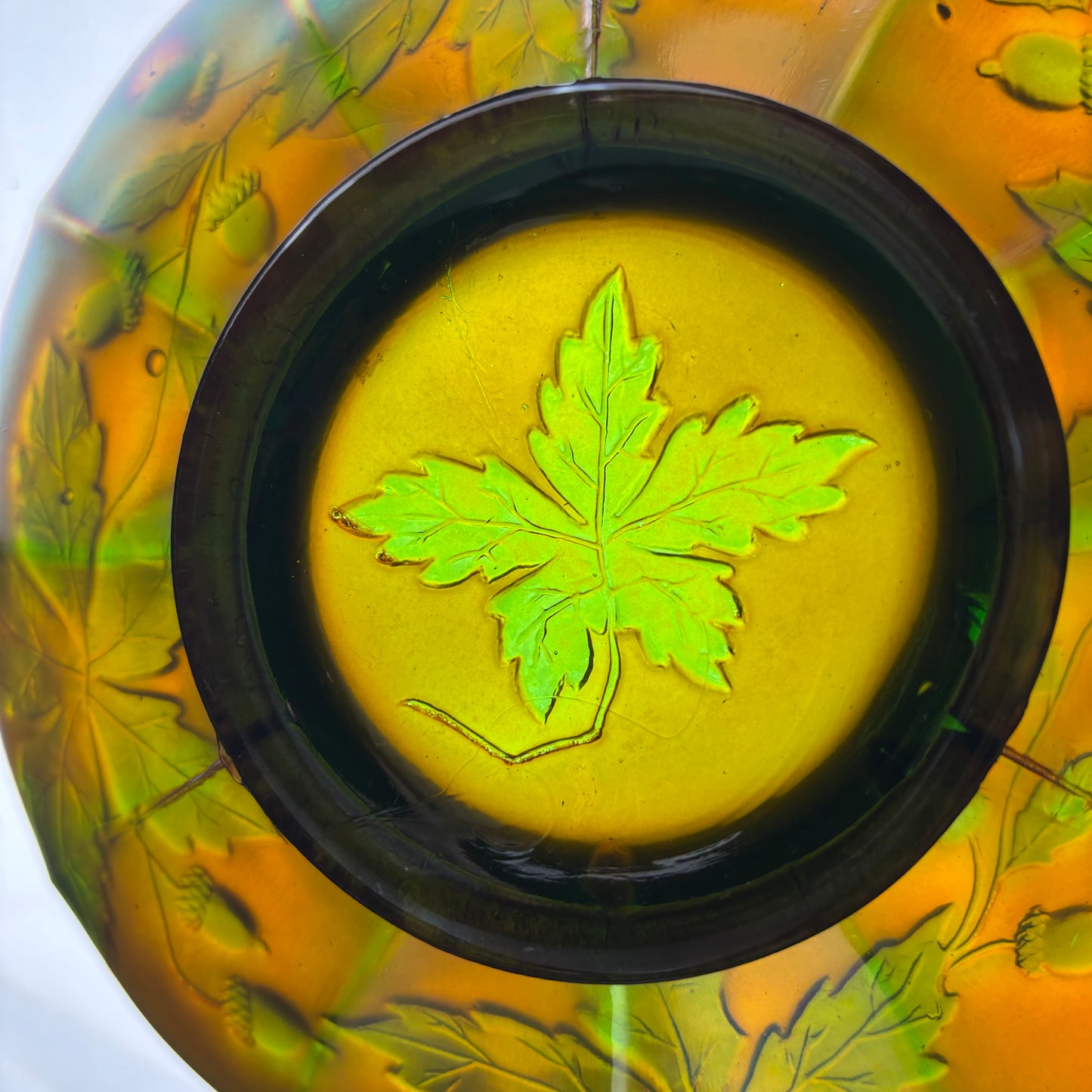 Fenton Carnival Glass Green on Blue Autumn Acorns Carnival Glass Bowl