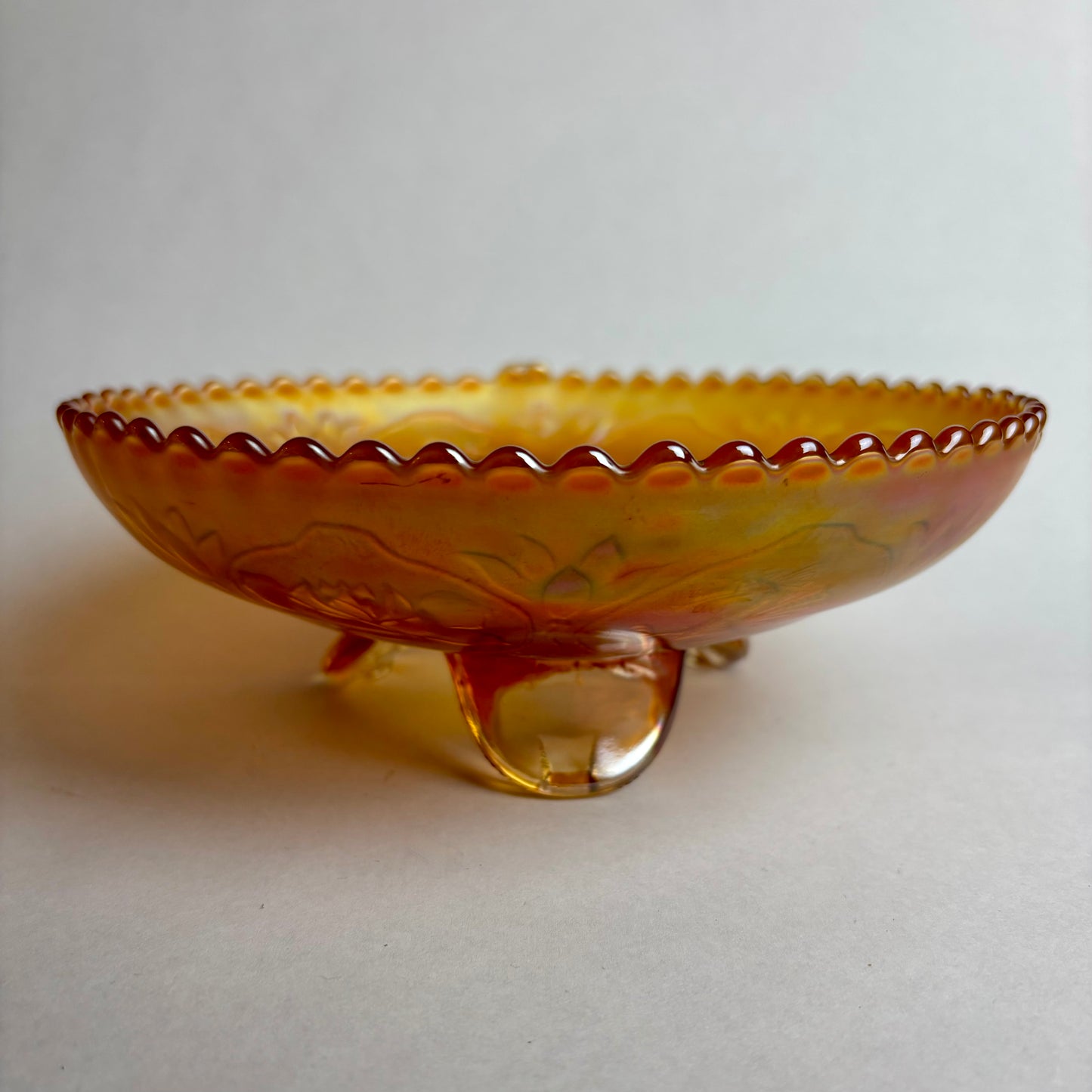 Footed Fenton Carnival Glass Bowl, Dragon and Roses Pattern in Marigold
