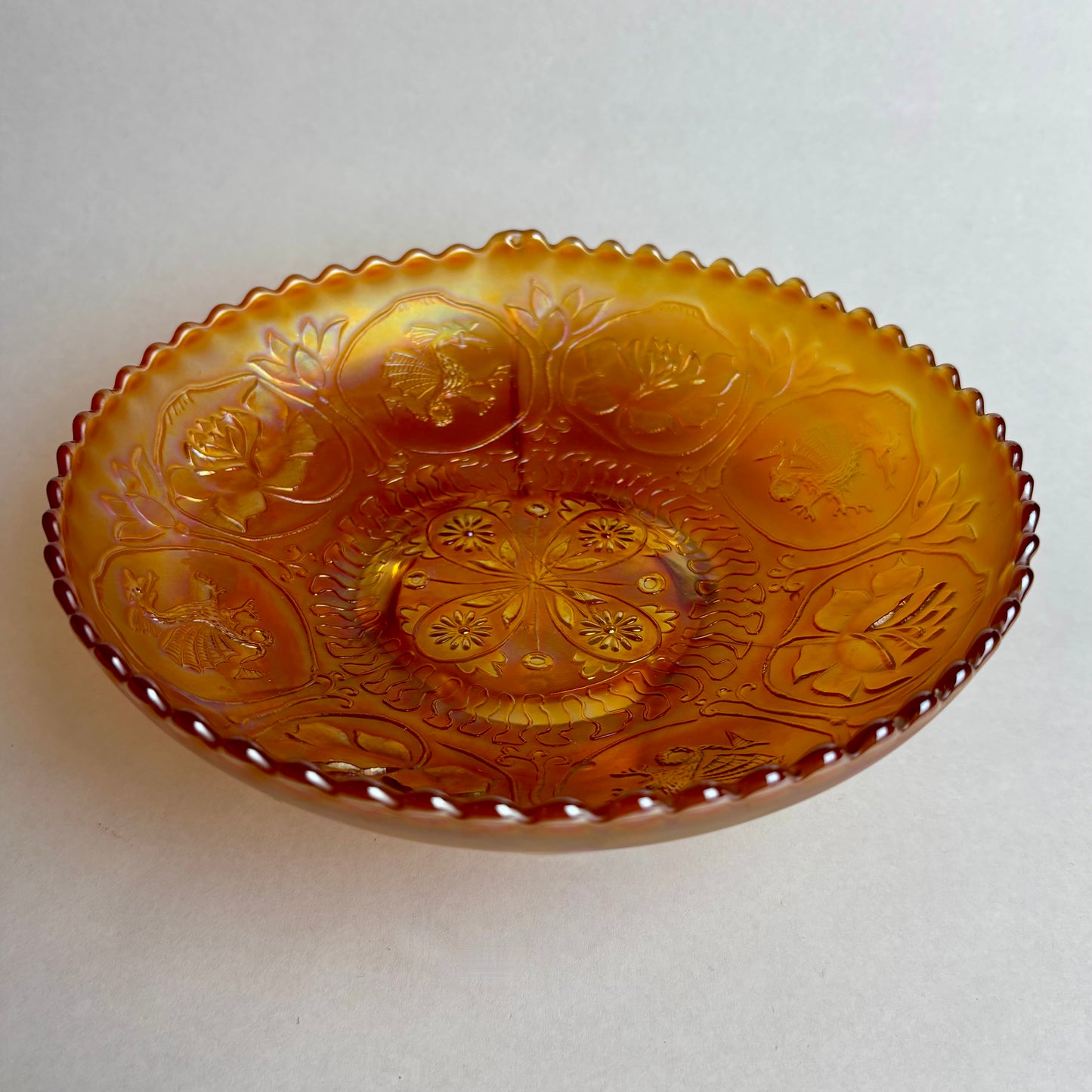 Footed Fenton Carnival Glass Bowl, Dragon and Roses Pattern in Marigold