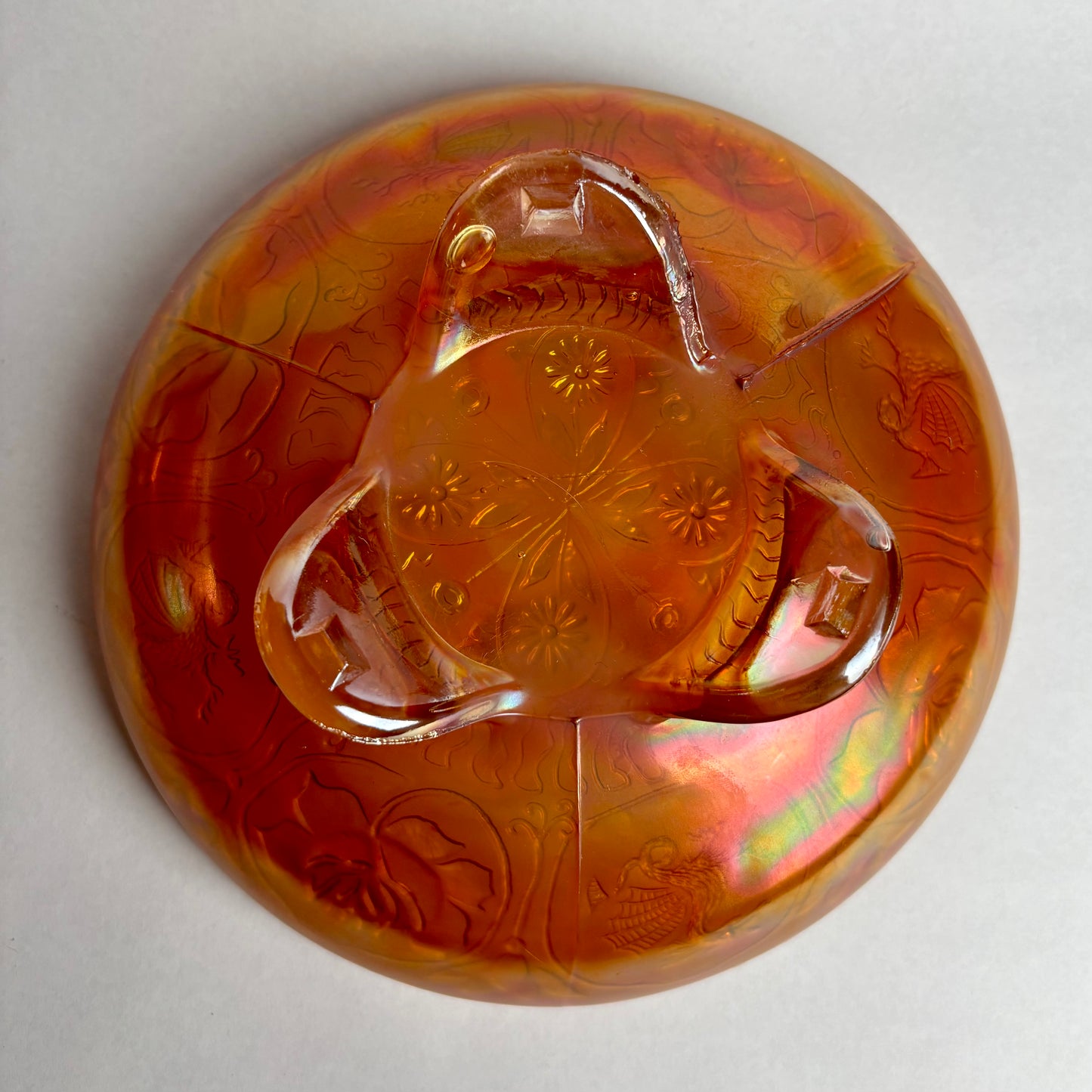Footed Fenton Carnival Glass Bowl, Dragon and Roses Pattern in Marigold