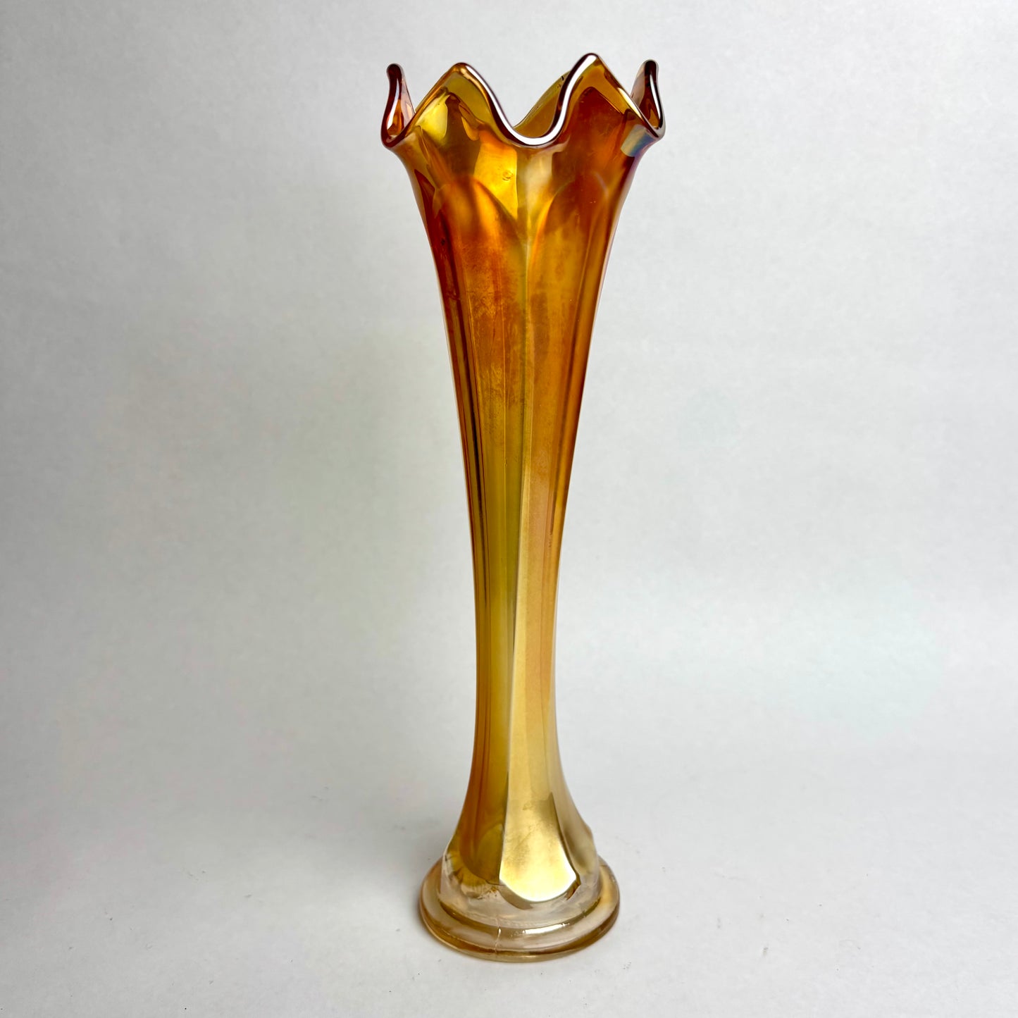 Tall Marigold Carnival Glass Swung Vase