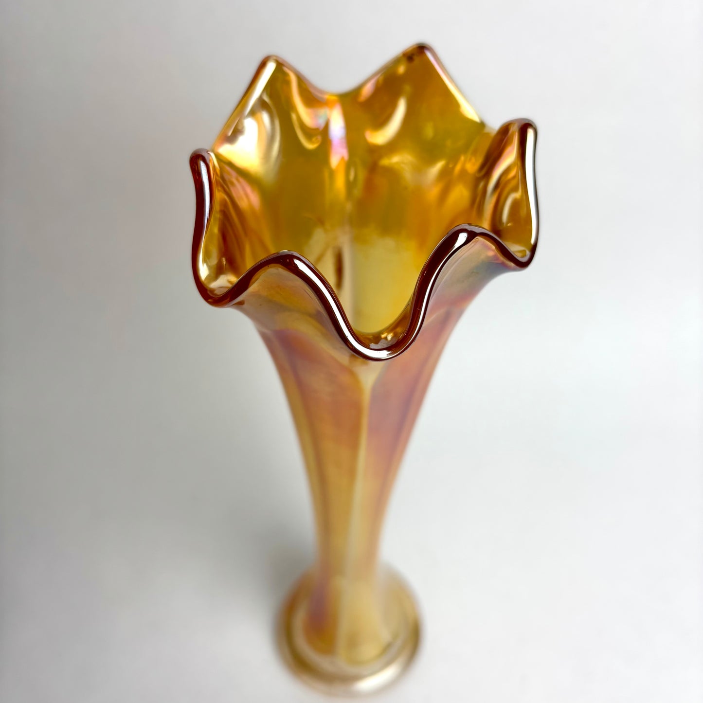 Tall Marigold Carnival Glass Swung Vase