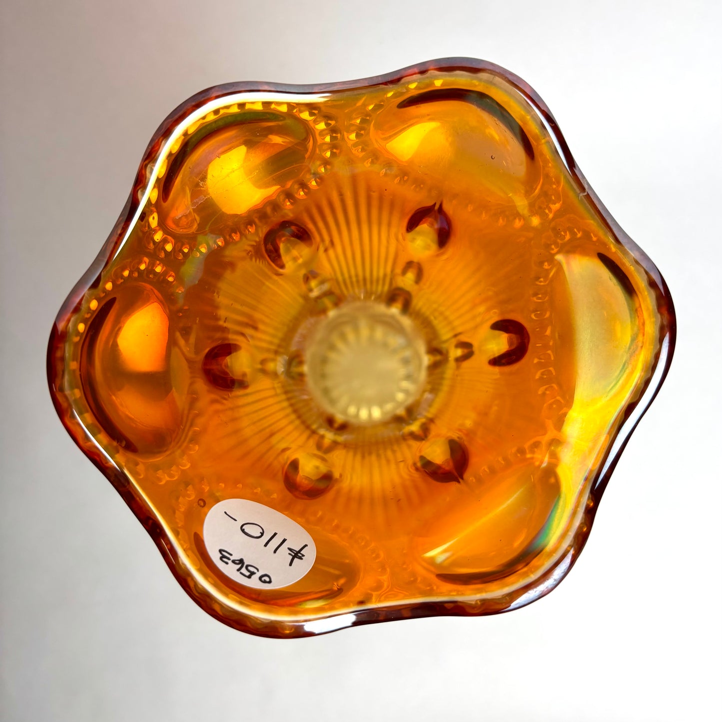 Antique Imperial Marigold Beaded Bullseye Carnival Glass Odd Top Vase
