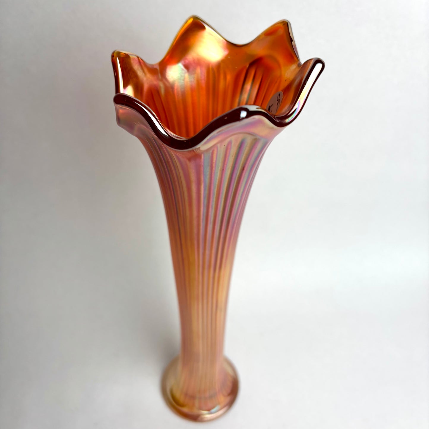Tall Fenton Fine-Ribbed Marigold Carnival Glass Swung Vase