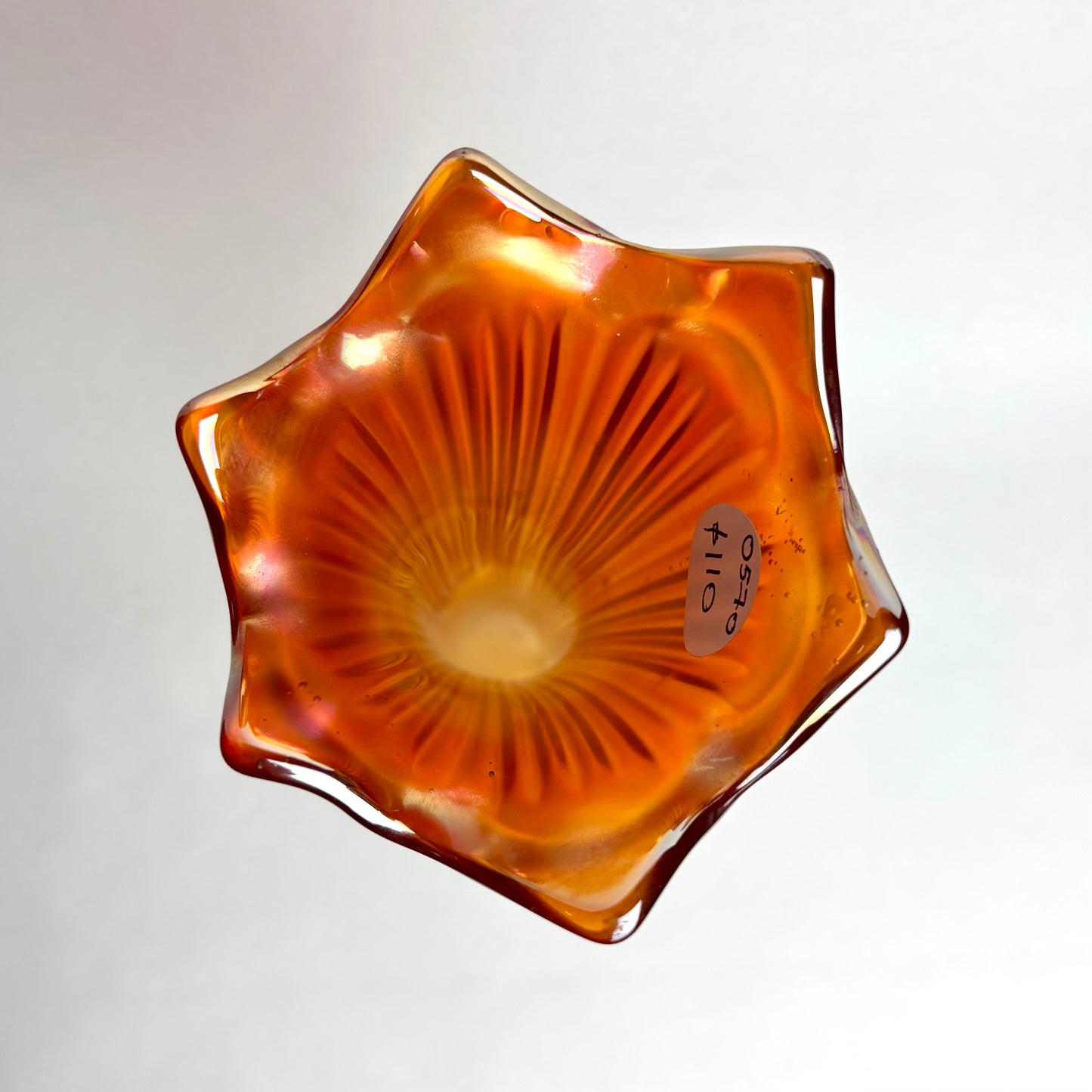 Tall Fenton Fine-Ribbed Marigold Carnival Glass Swung Vase