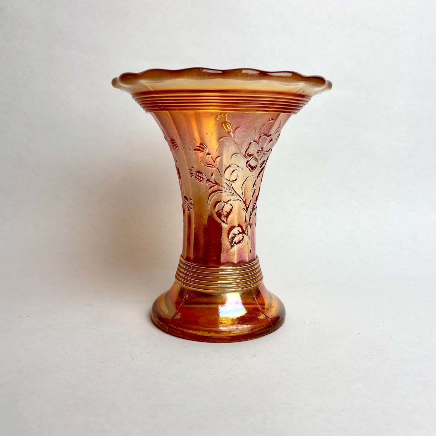 Dugan Diamond Antique Summer Days Marigold Carnival Glass Vase