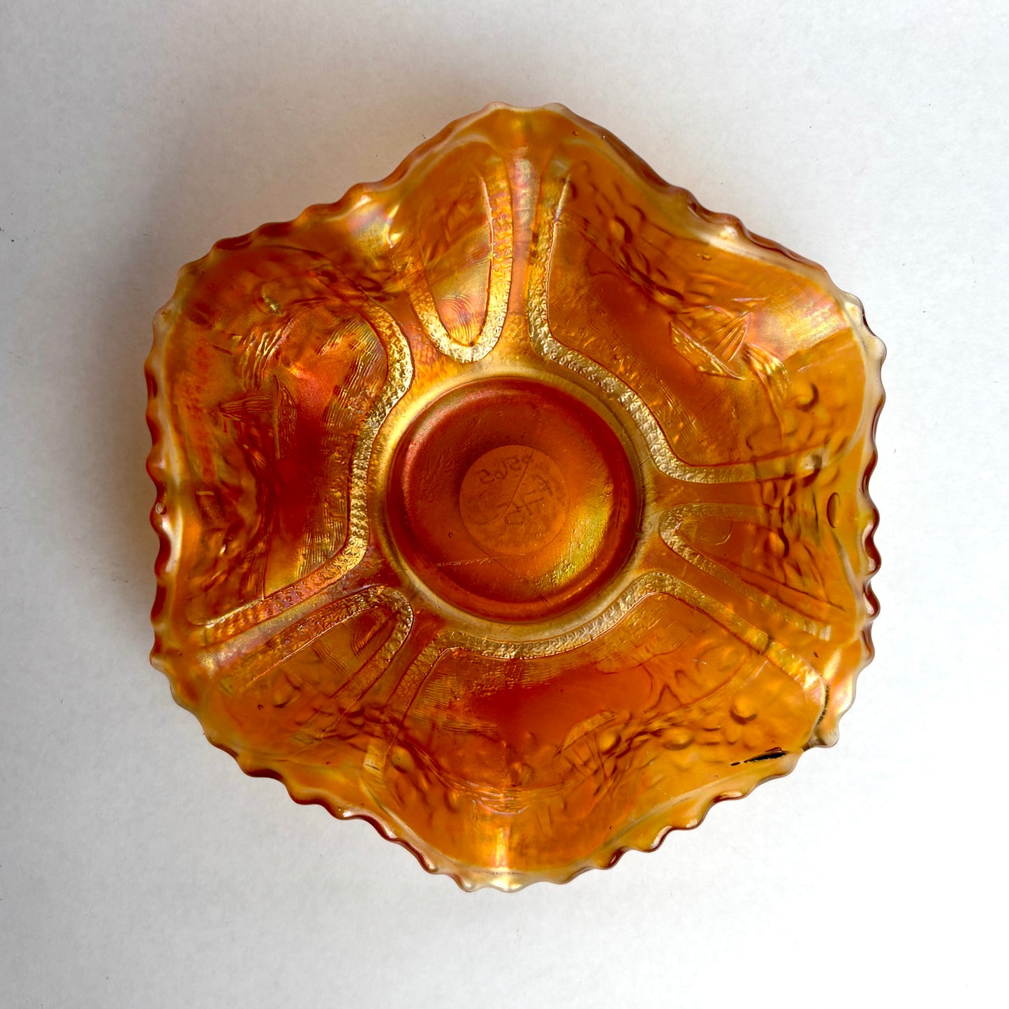 Fenton Marigold Carnival Glass Sailboats Ruffled Bowl