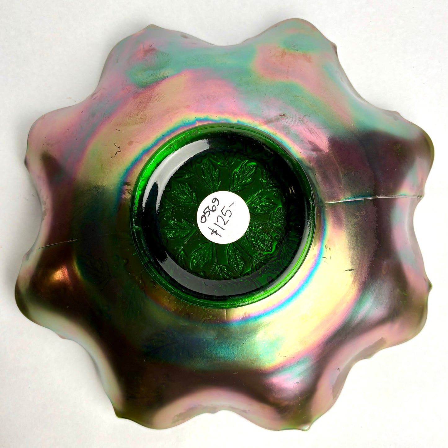 Fenton Green Carnival Glass Holly & Berries Ruffled Edge Bowl