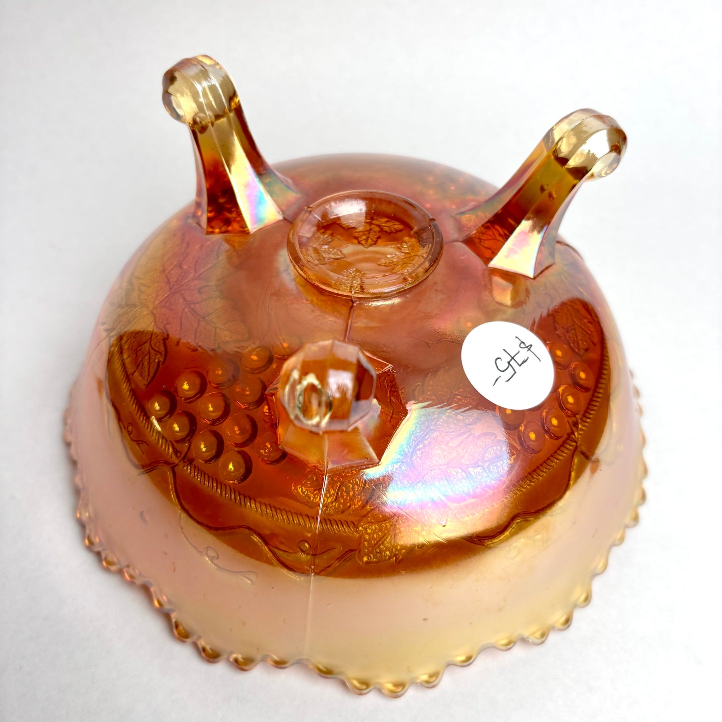 Fenton Marigold Carnival Glass Grape and Cable Footed Bowl