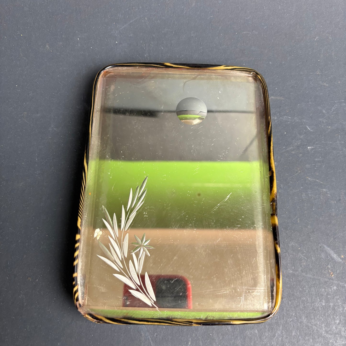 Vintage Mid-Century Etched Wall Mirror with Faux Tortoiseshell Frame