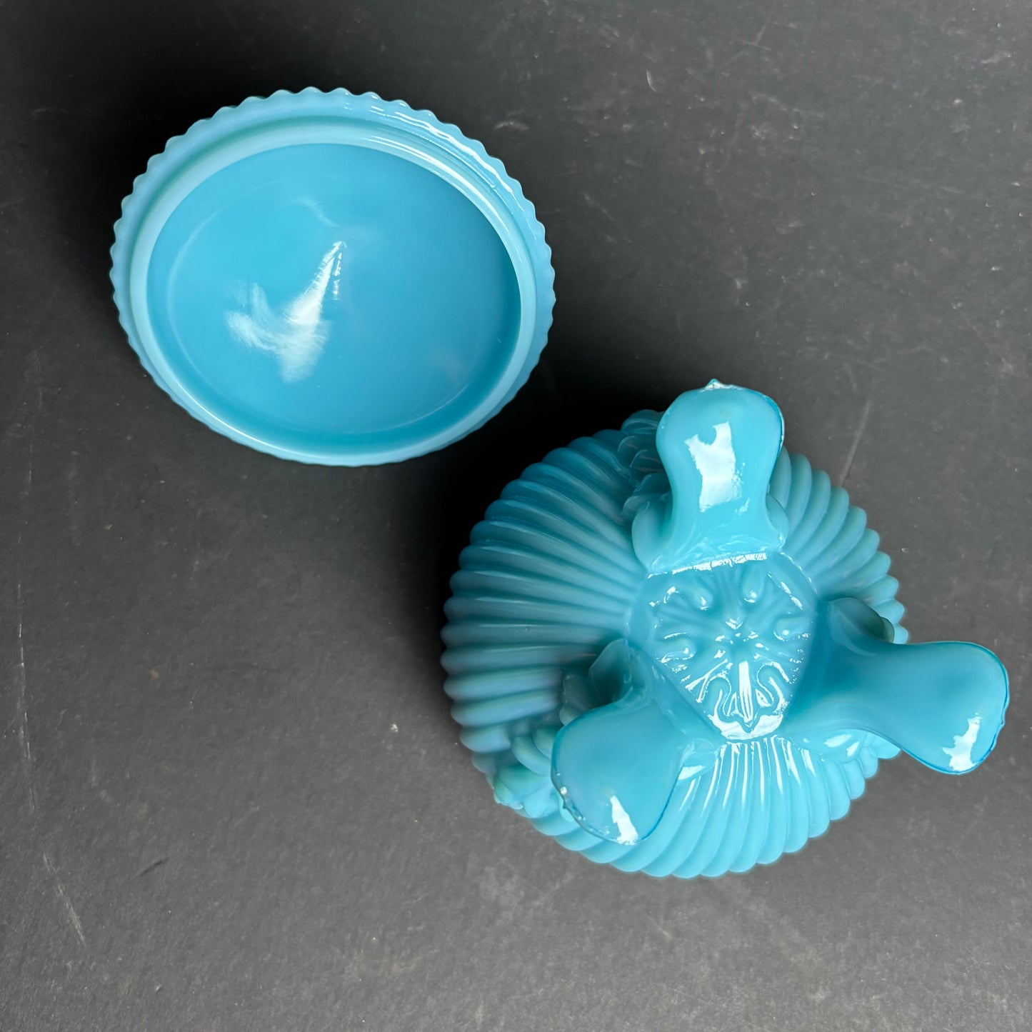 Vintage Blue Opaline Glass Trinket Jar – Footed Lidded Pot