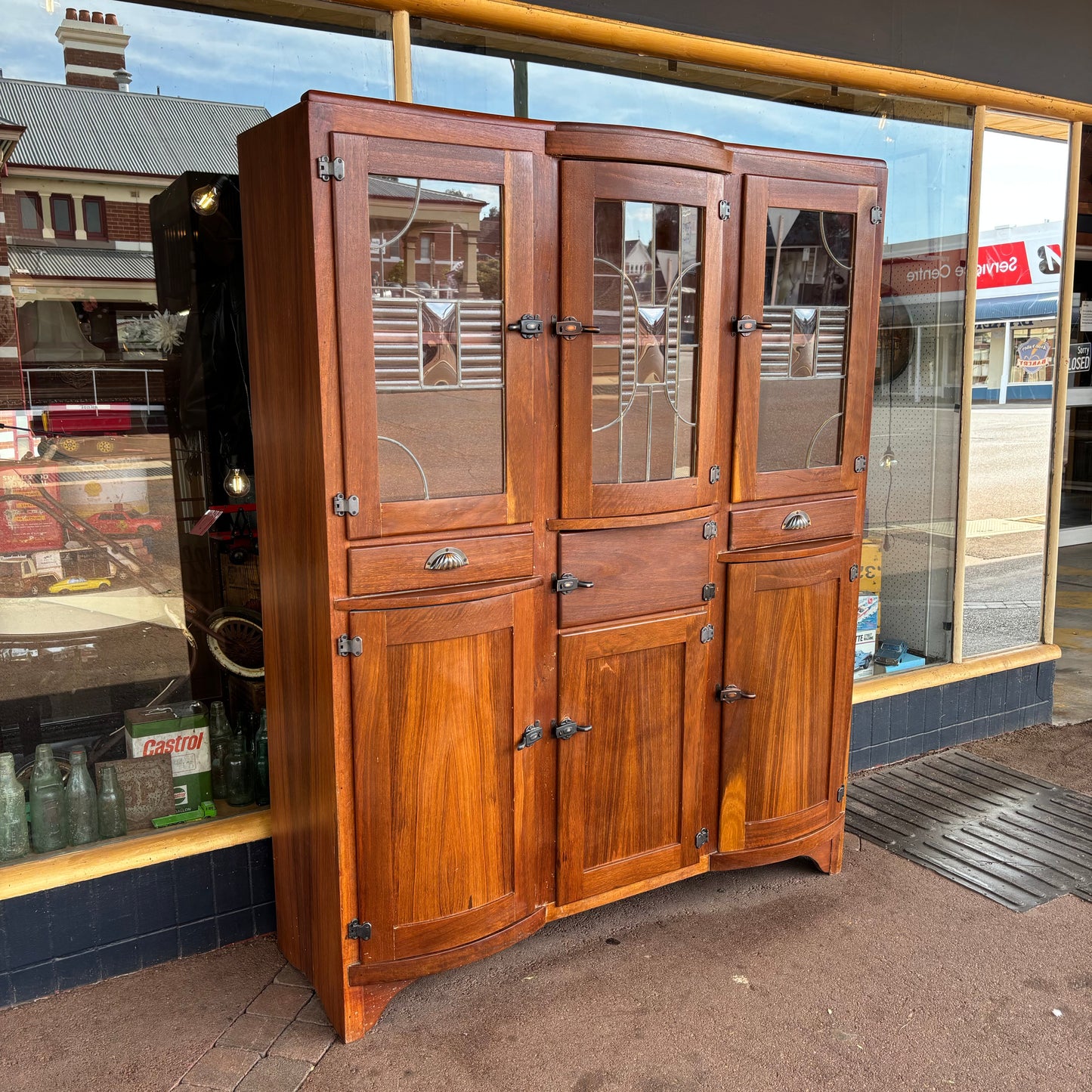 Art Deco Jarrah Kitchenette Cabinet Leadlight Doors c.1930s Restored