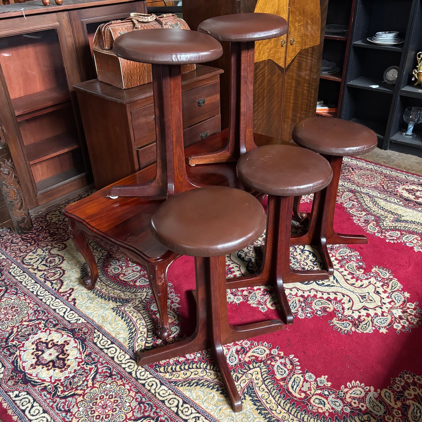 Set of 5 Handmade Jarrah & Leather Stools – WA-Made, Mid-Century Style