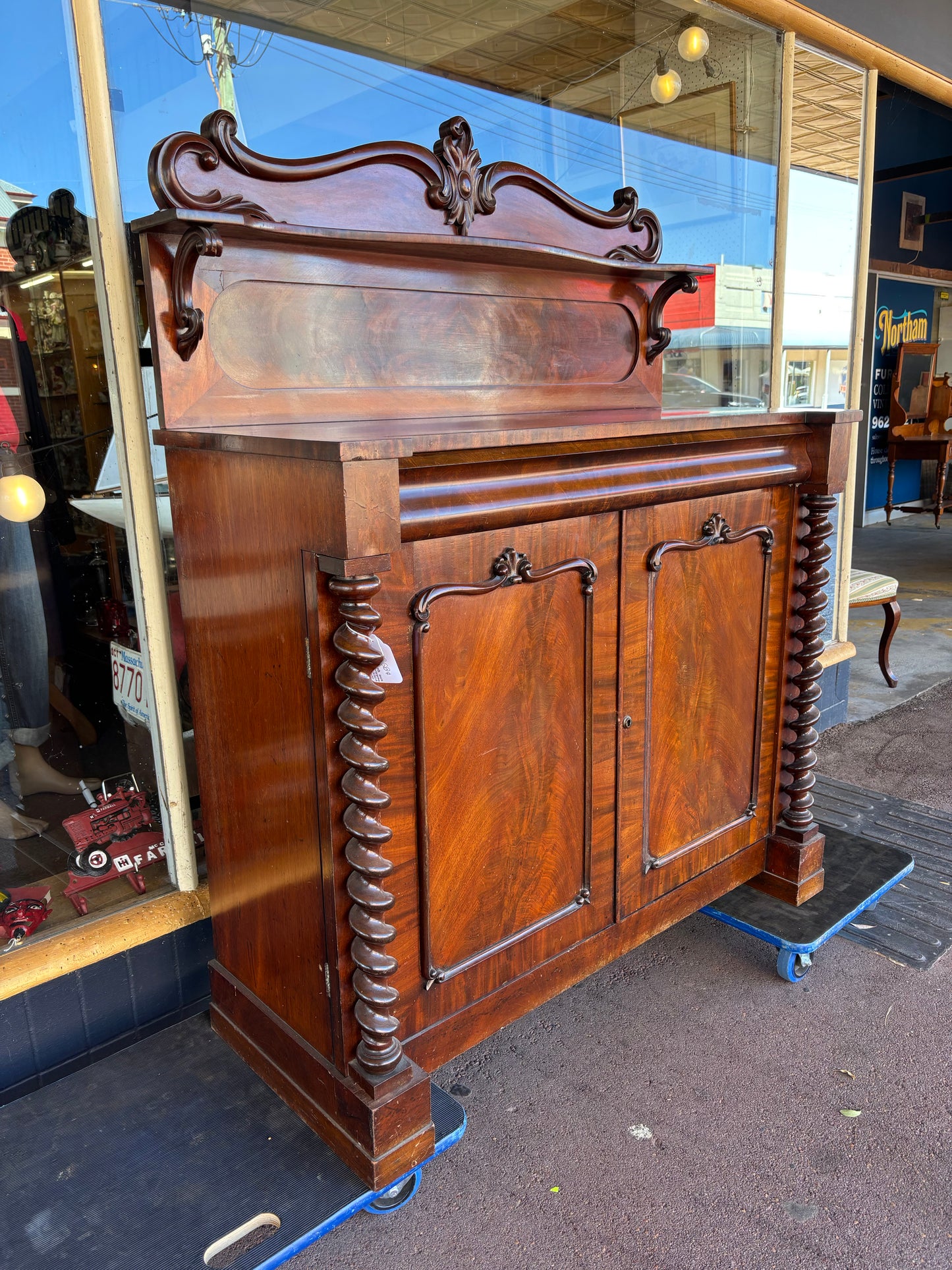 Victorian flame mahogany chiffonier with barley twist columns