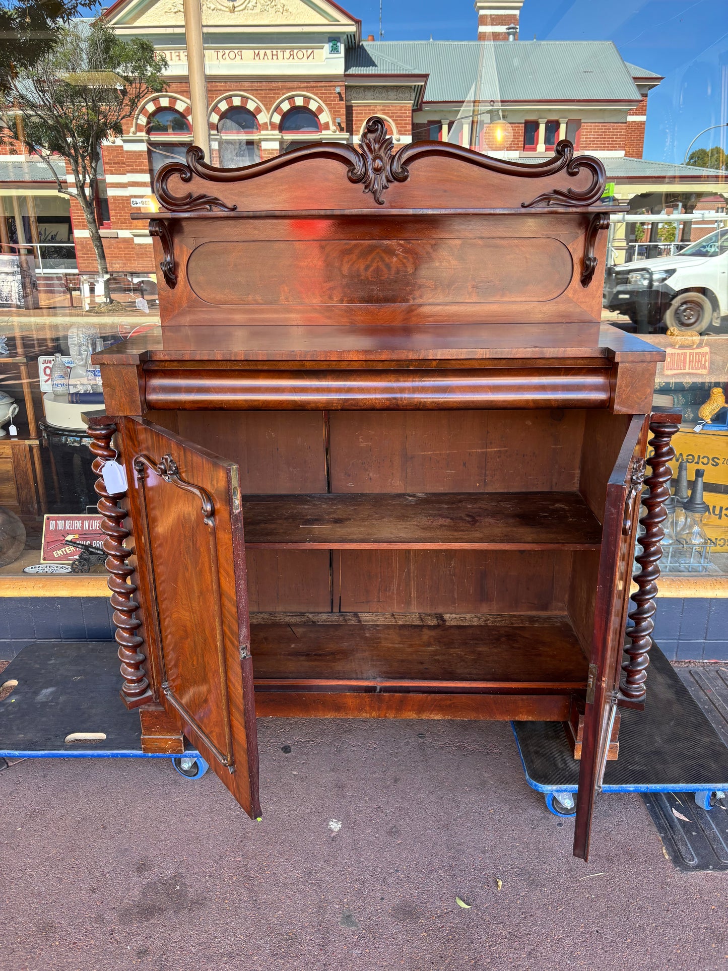 Victorian flame mahogany chiffonier with barley twist columns