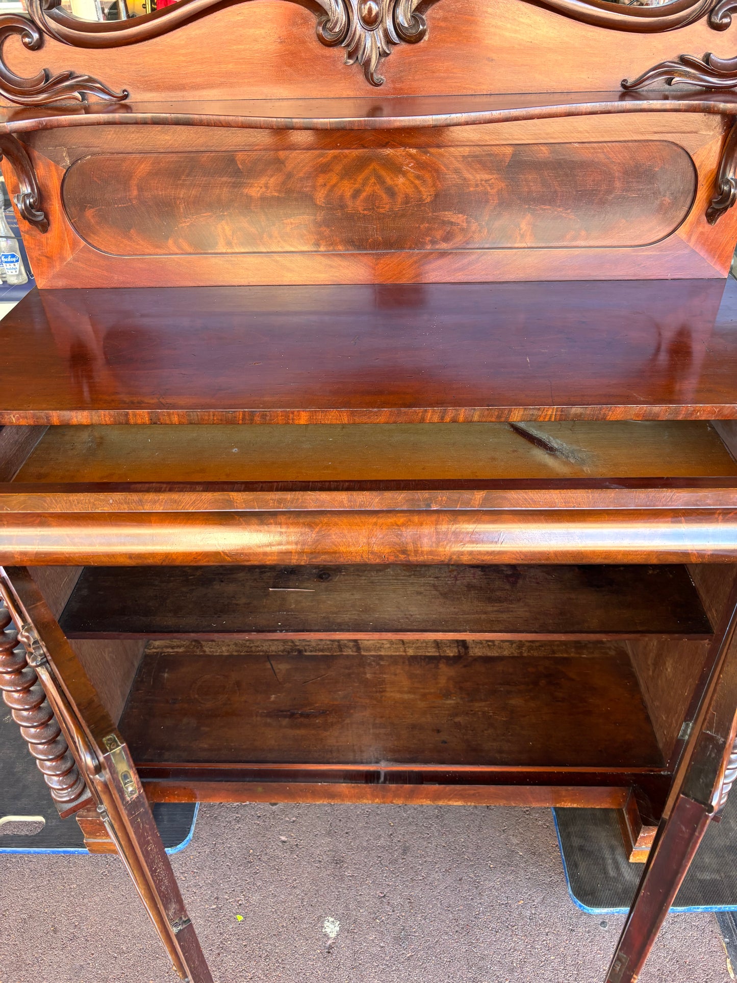 Victorian flame mahogany chiffonier with barley twist columns