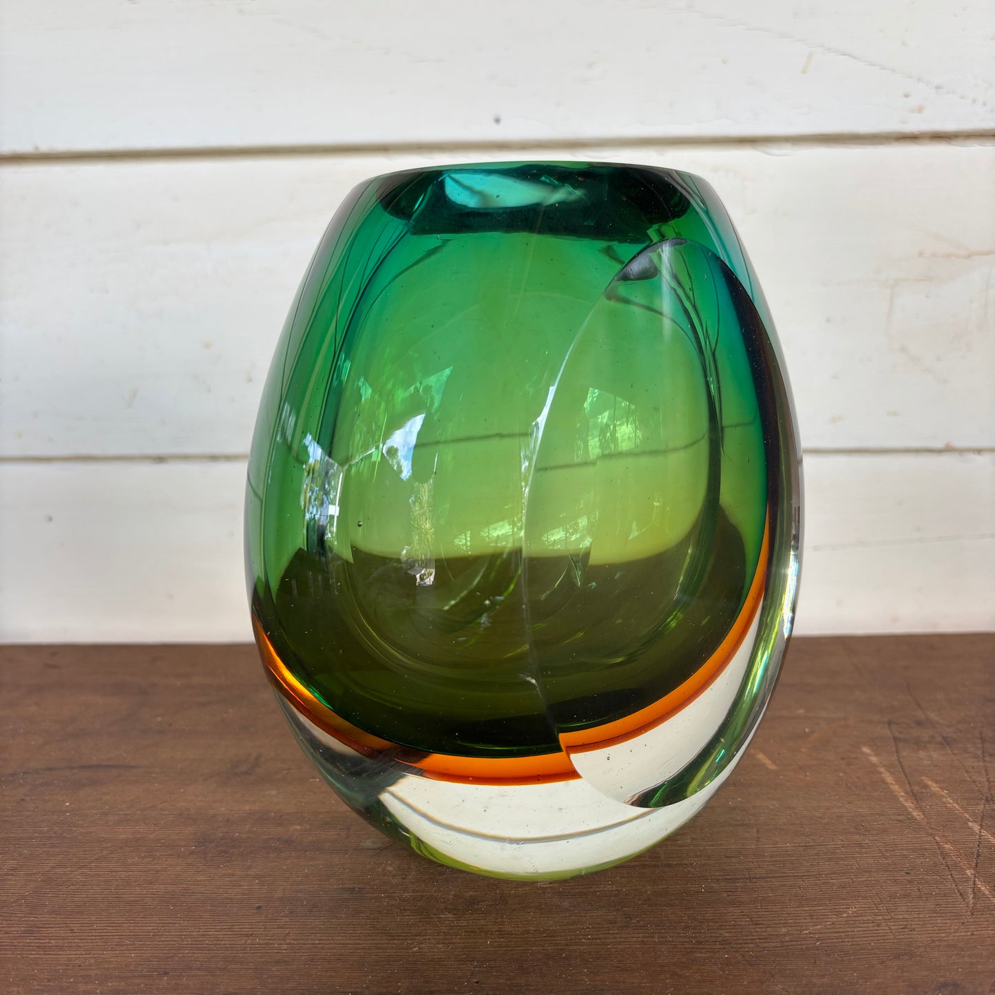 Mid-Century Sommerso Style Glass Vase – Emerald, Olive & Amber Circa 1970s – 3.1kg
