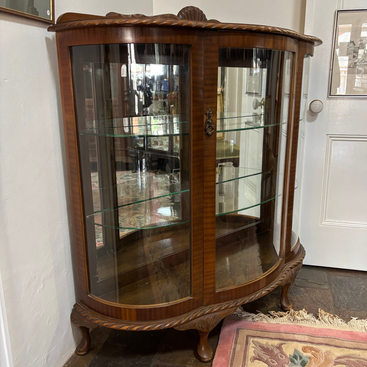 Vintage Walnut Veneer Bow Front Curved Glass Display Cabinet