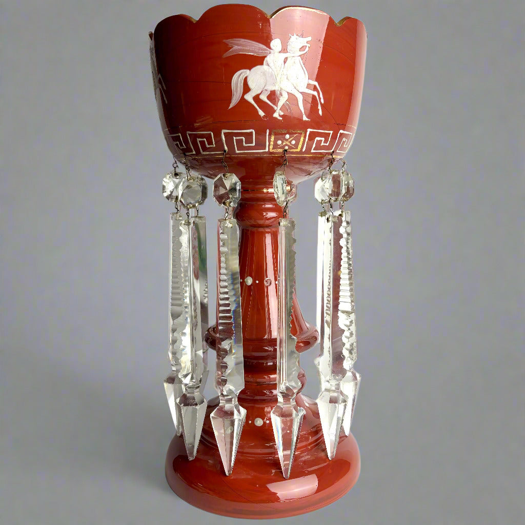 Antique Red Glass Lustre Vase with Prisms – 32cm