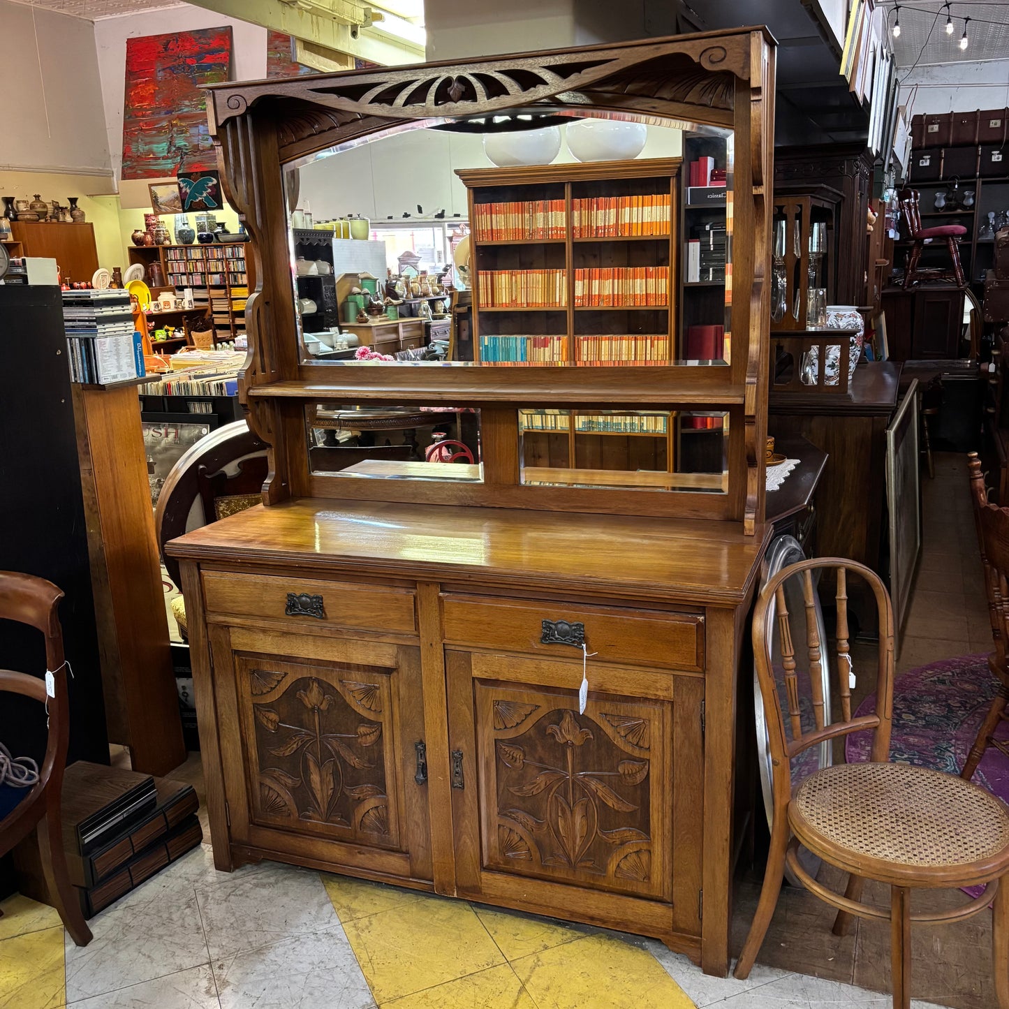 Arts & Crafts Carved Oak Sideboard with Mirror c.1915 – Art Nouveau Floral Design