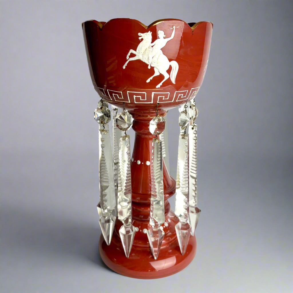 Antique Red Glass Lustre Vase with Prisms – 32cm