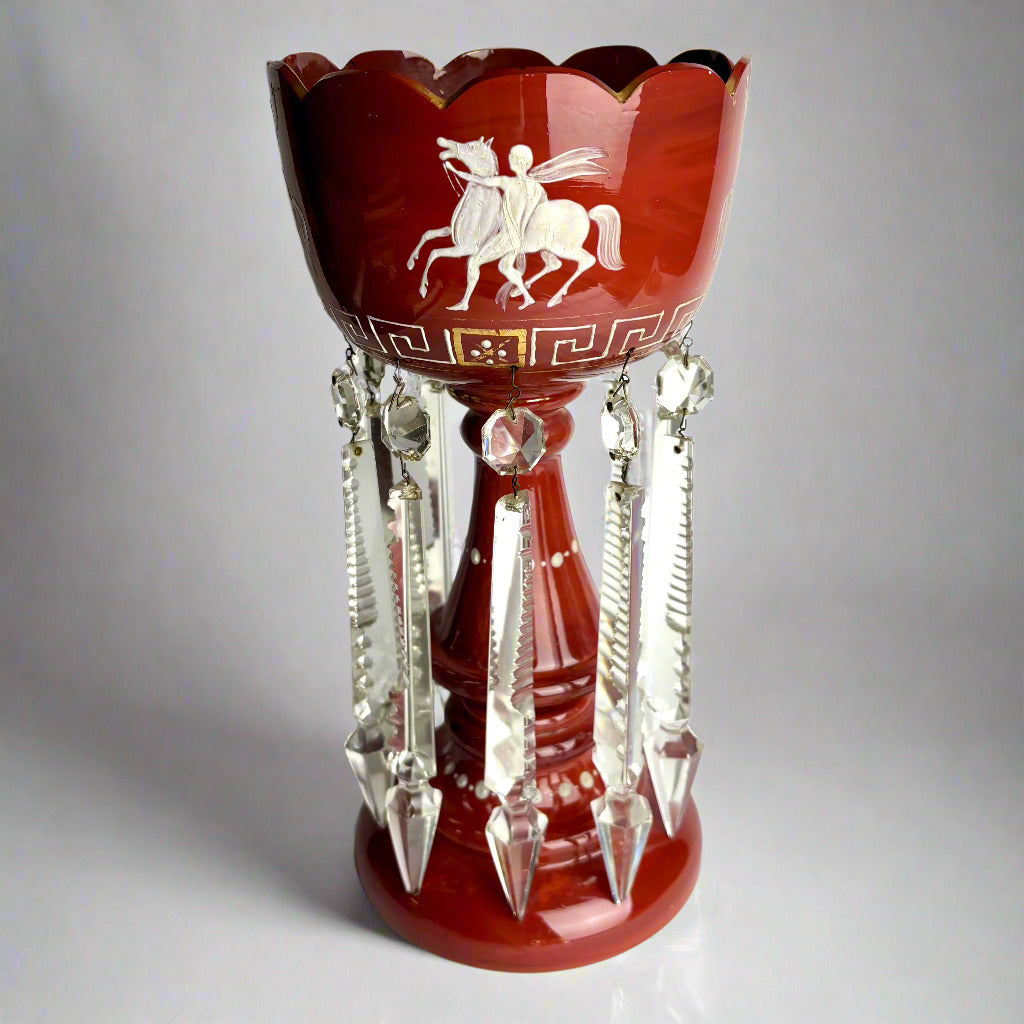 Antique Red Glass Lustre Vase with Prisms – 32cm