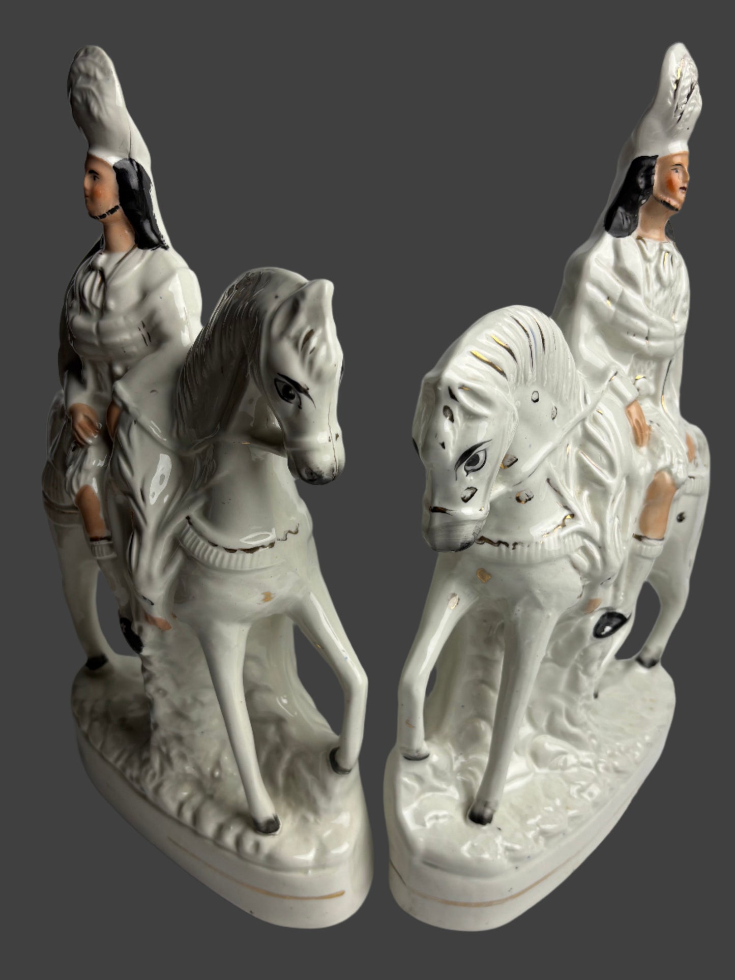 Pair of Antique Victorian Staffordshire Scottish Highlander Hunters on Horseback