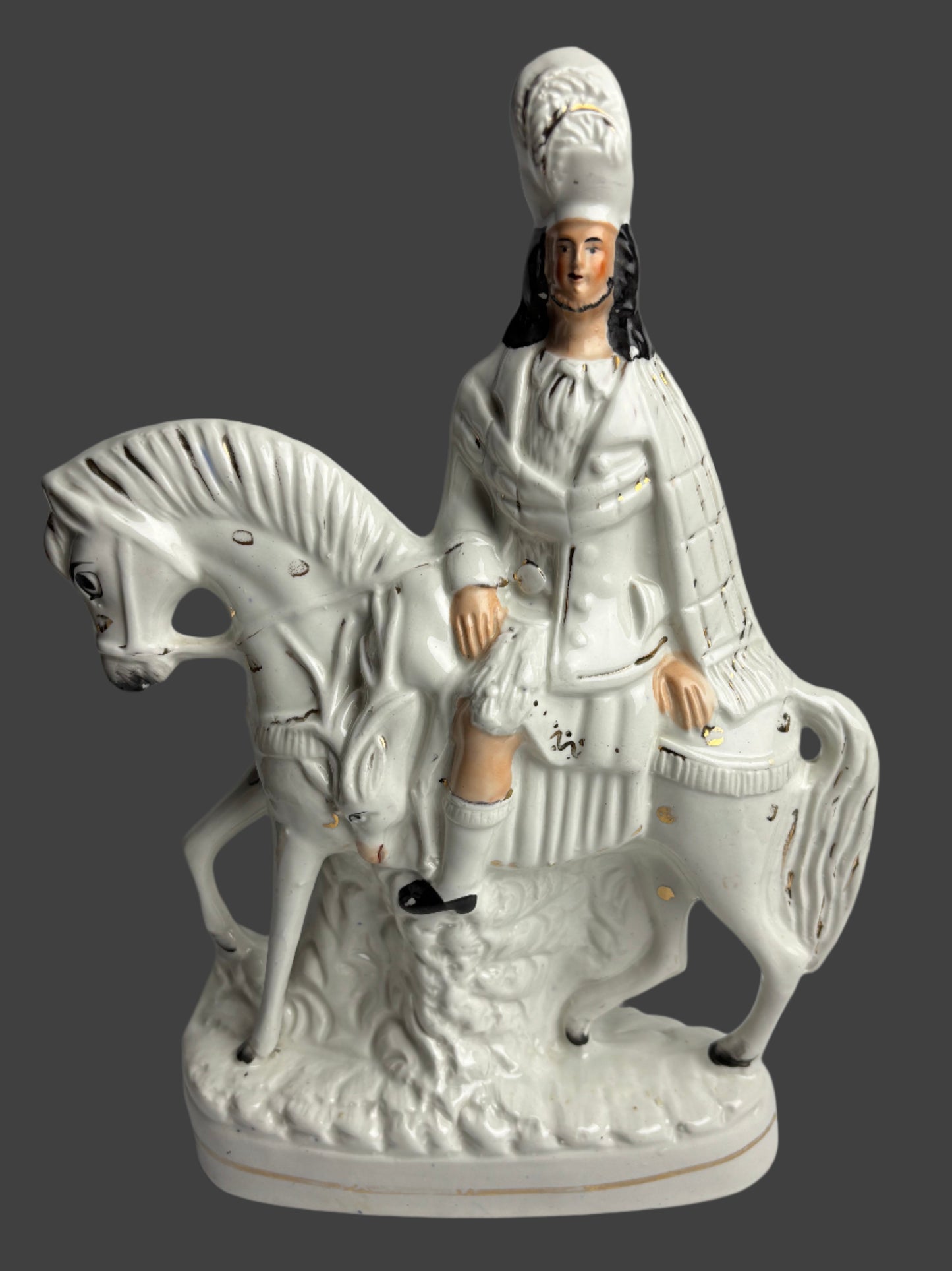 Pair of Antique Victorian Staffordshire Scottish Highlander Hunters on Horseback