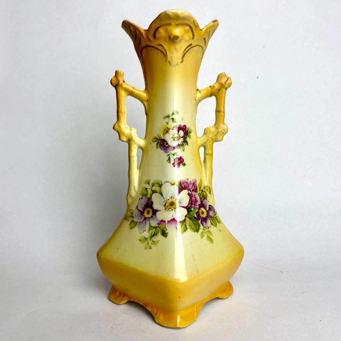 Antique English Vase – Bamboo Handle & Floral Motif (24cm)