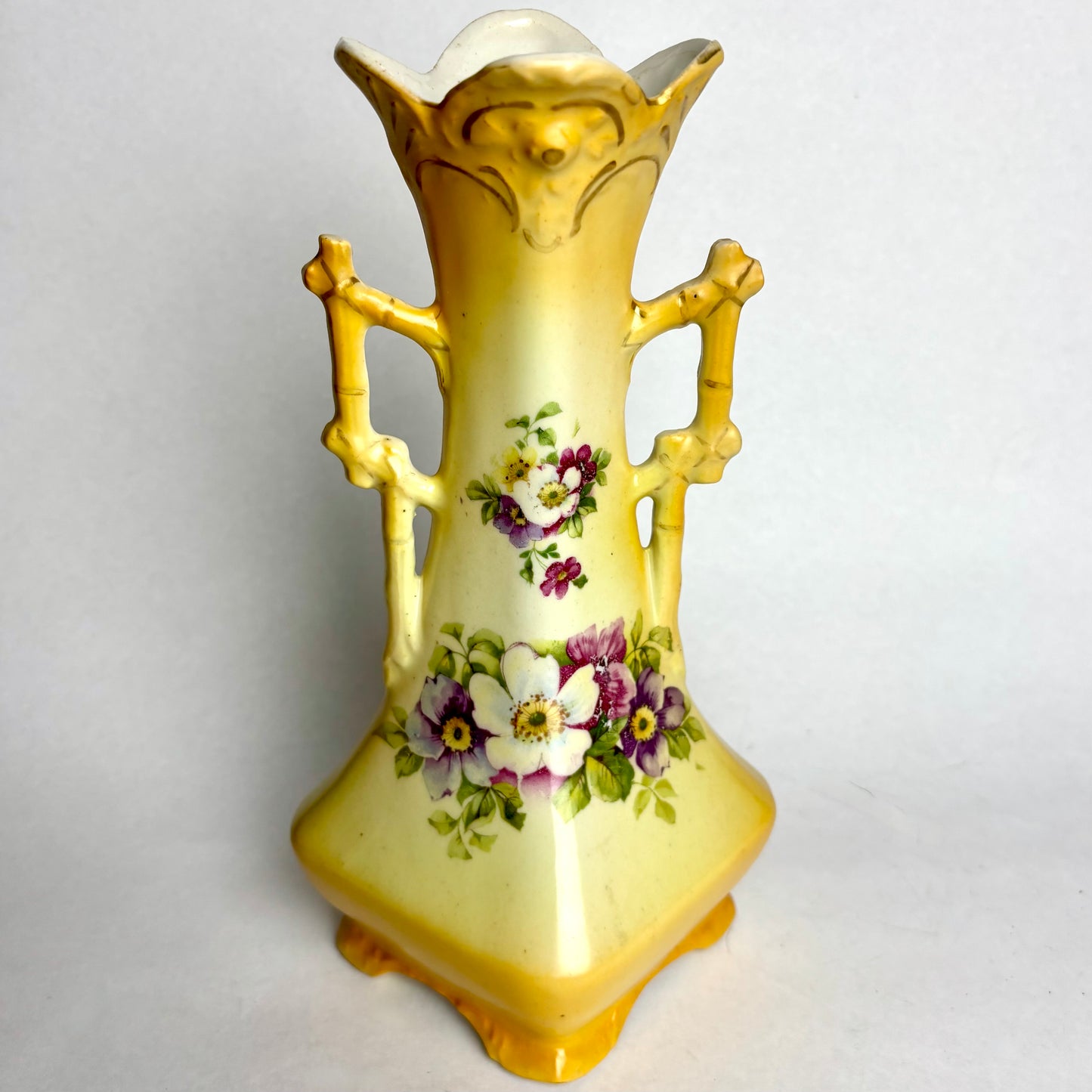 Antique English Vase – Bamboo Handle & Floral Motif (24cm)