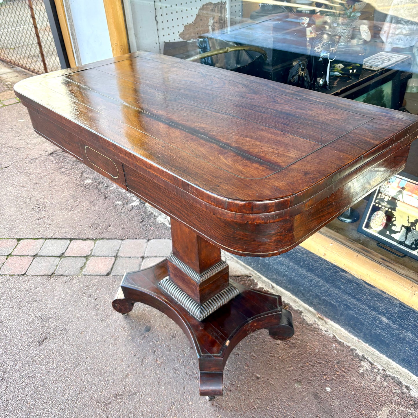 Victorian Mahogany Card Table with Brass Inlay – c.1830s
