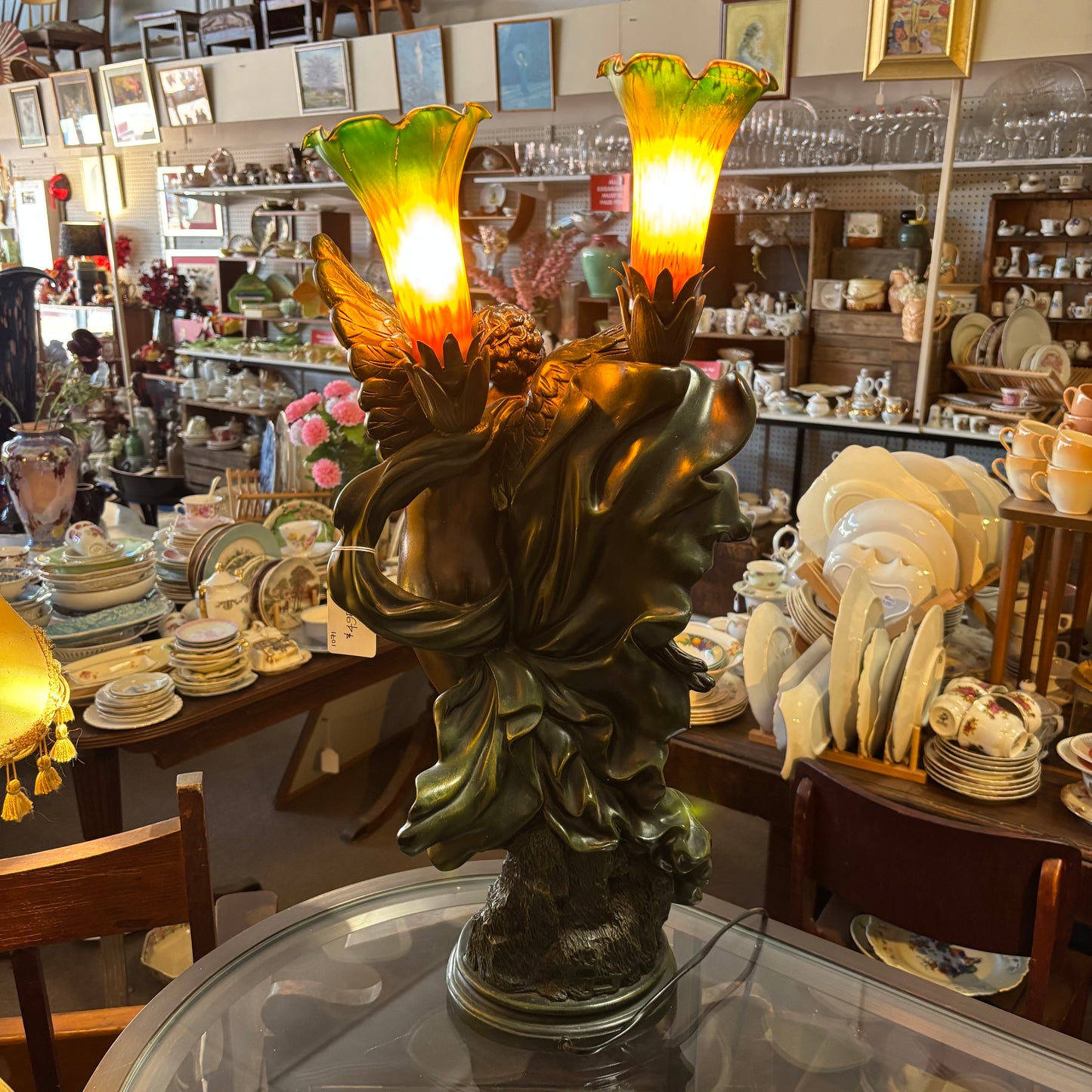 Large Figural Angel Lamp with Twin Art Glass Shades – 60cm