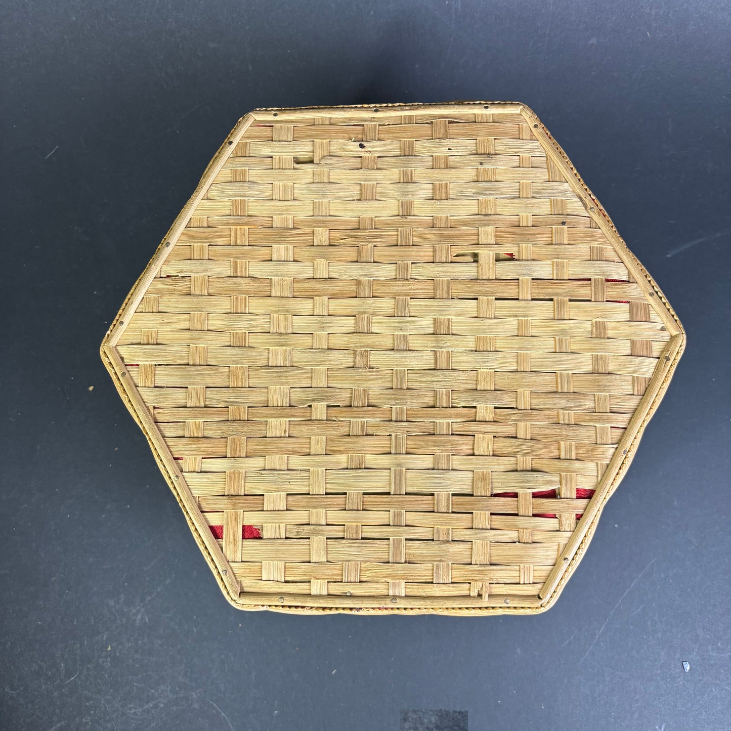 Vintage Hexagonal Sewing Basket with Red & Blue Detail