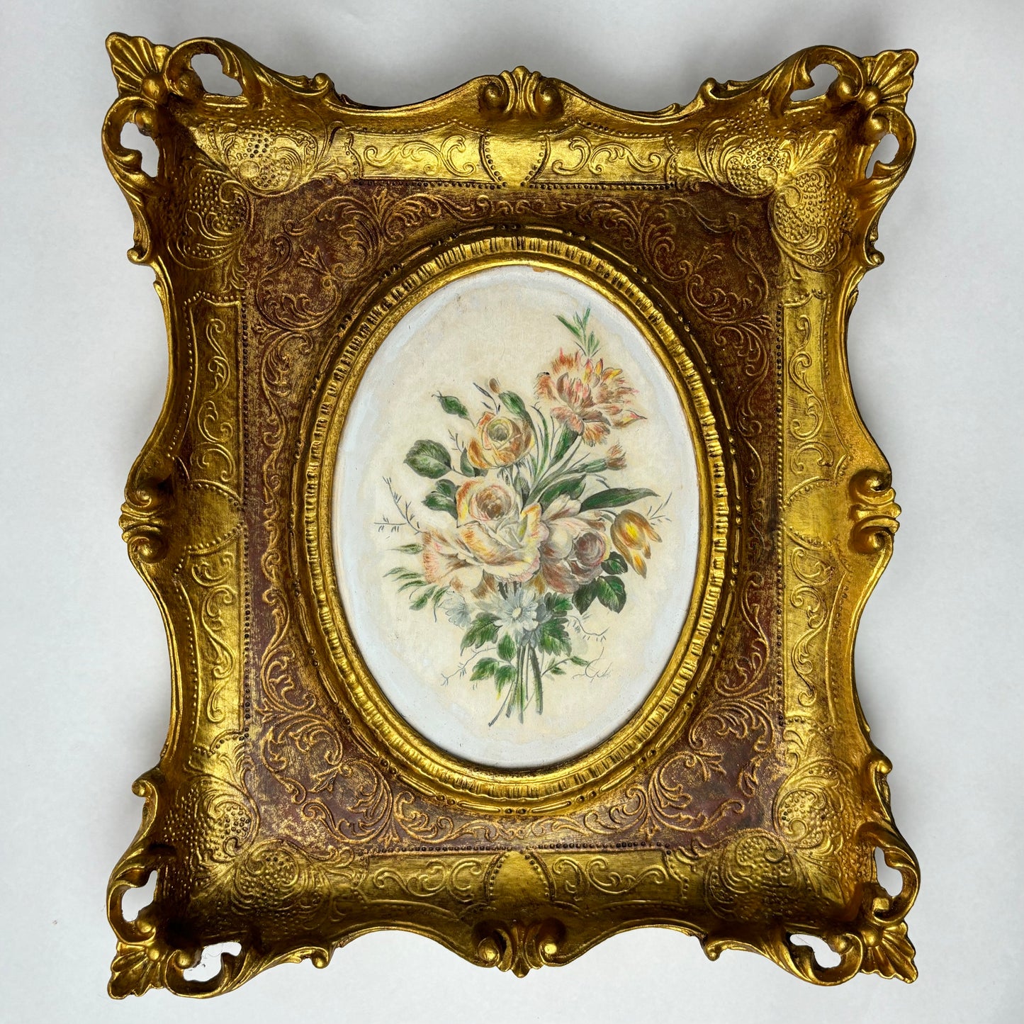 Vintage Italian silk work in an ornate gilt frame