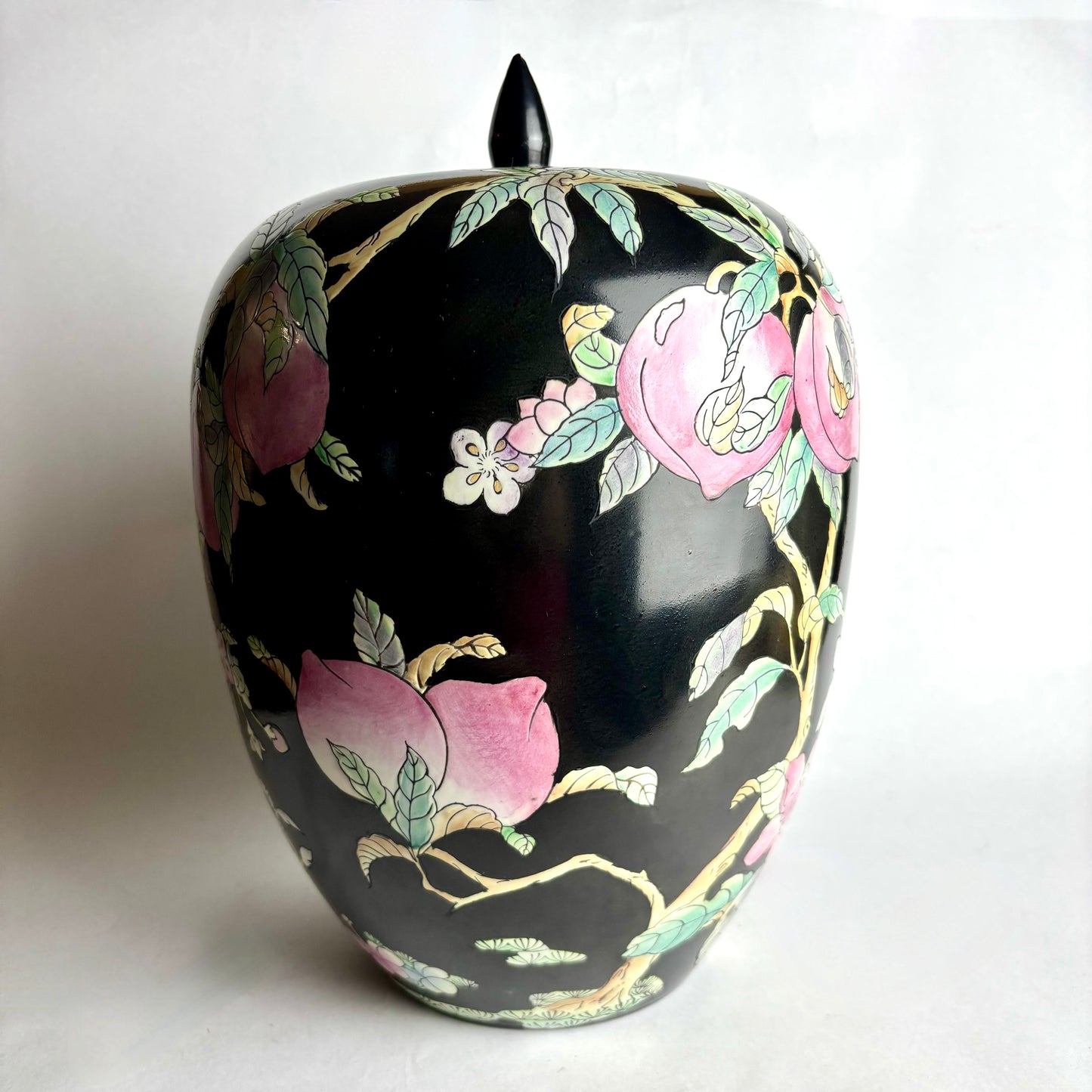 Vintage Japanese Lidded Jar – Peaches, Blossoms & Butterflies – 40cm