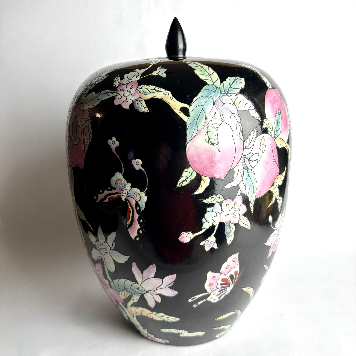 Vintage Japanese Lidded Jar – Peaches, Blossoms & Butterflies – 40cm