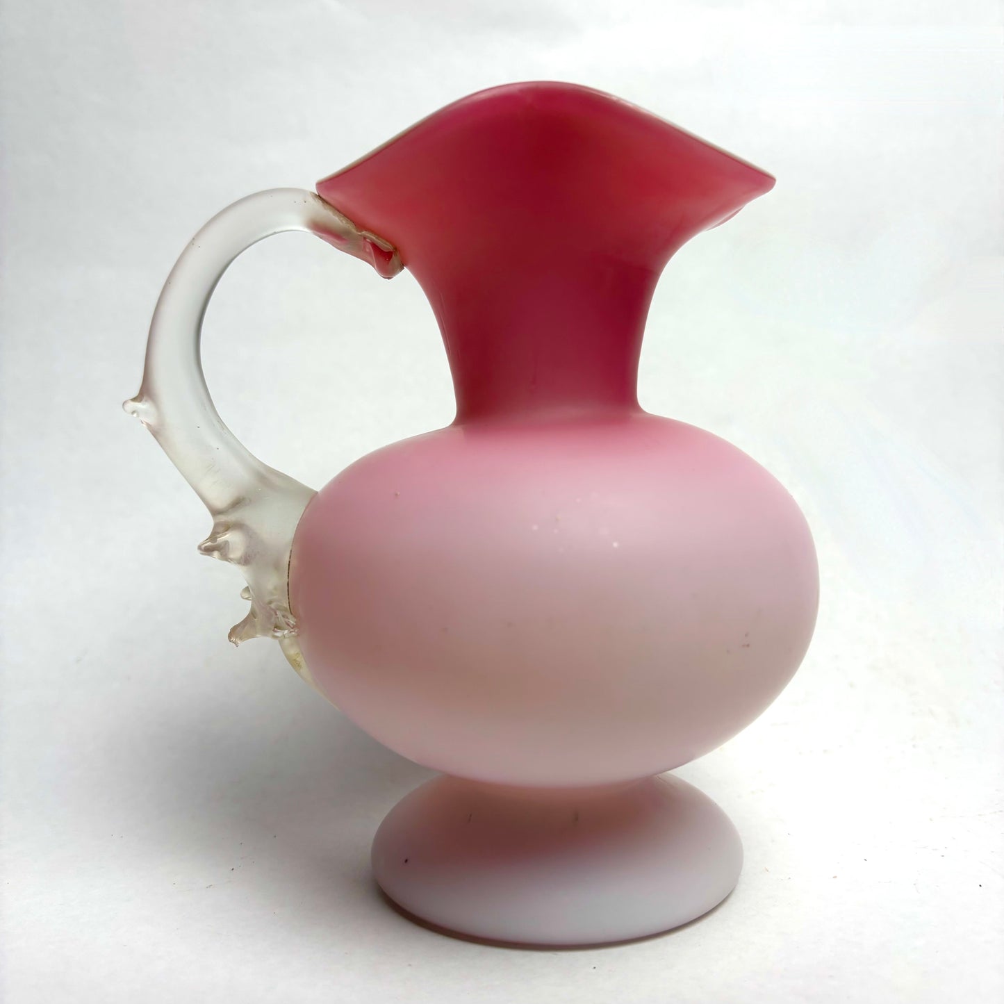 Antique Satin Glass Jug Pink and White Fluted Top