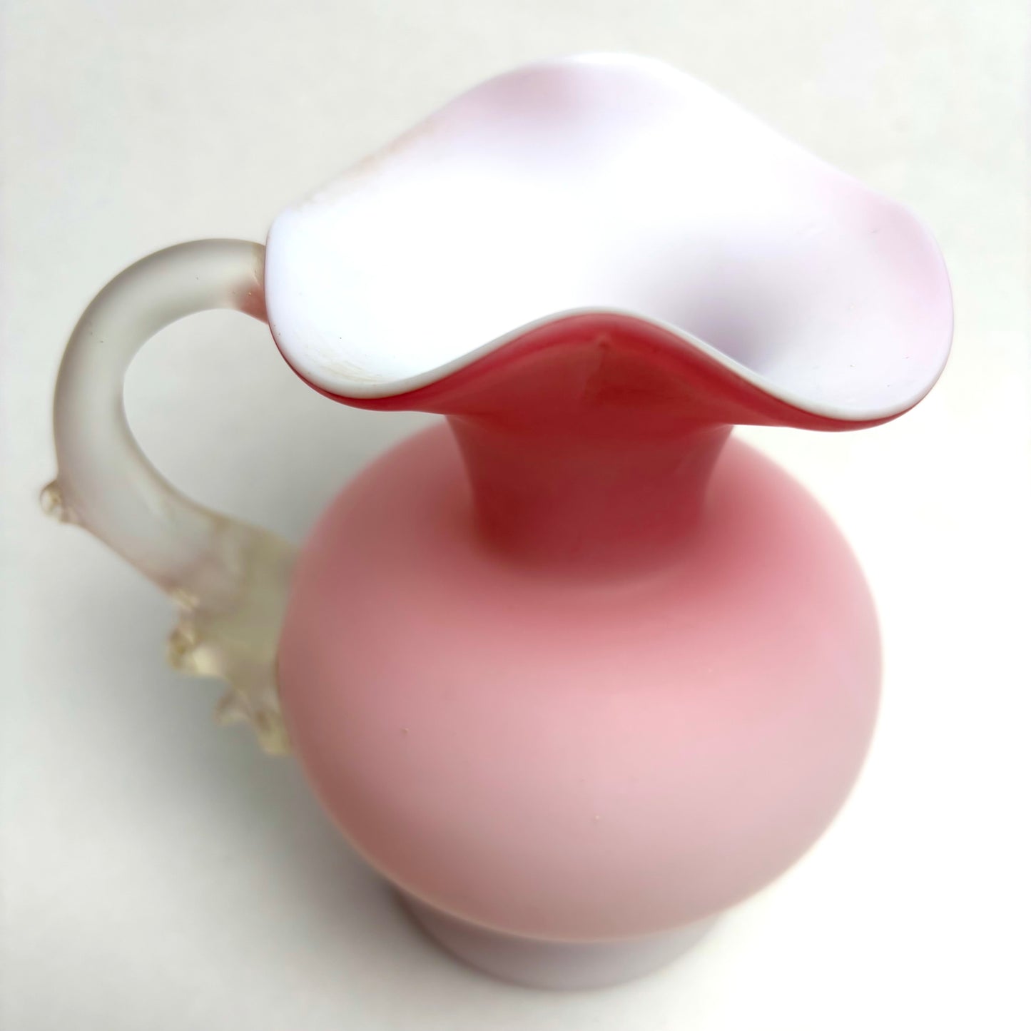 Antique Satin Glass Jug Pink and White Fluted Top