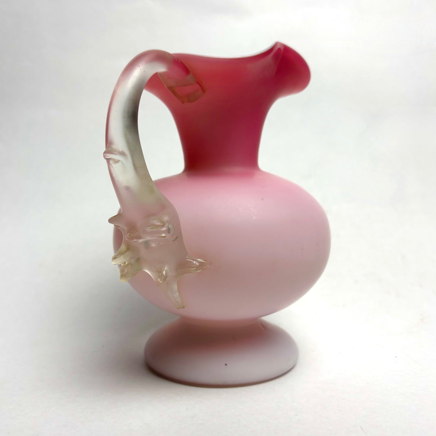 Antique Satin Glass Jug Pink and White Fluted Top