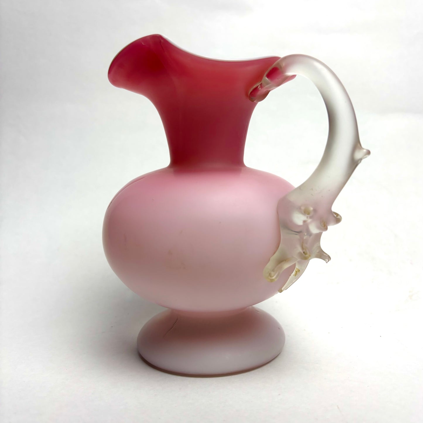 Antique Satin Glass Jug Pink and White Fluted Top