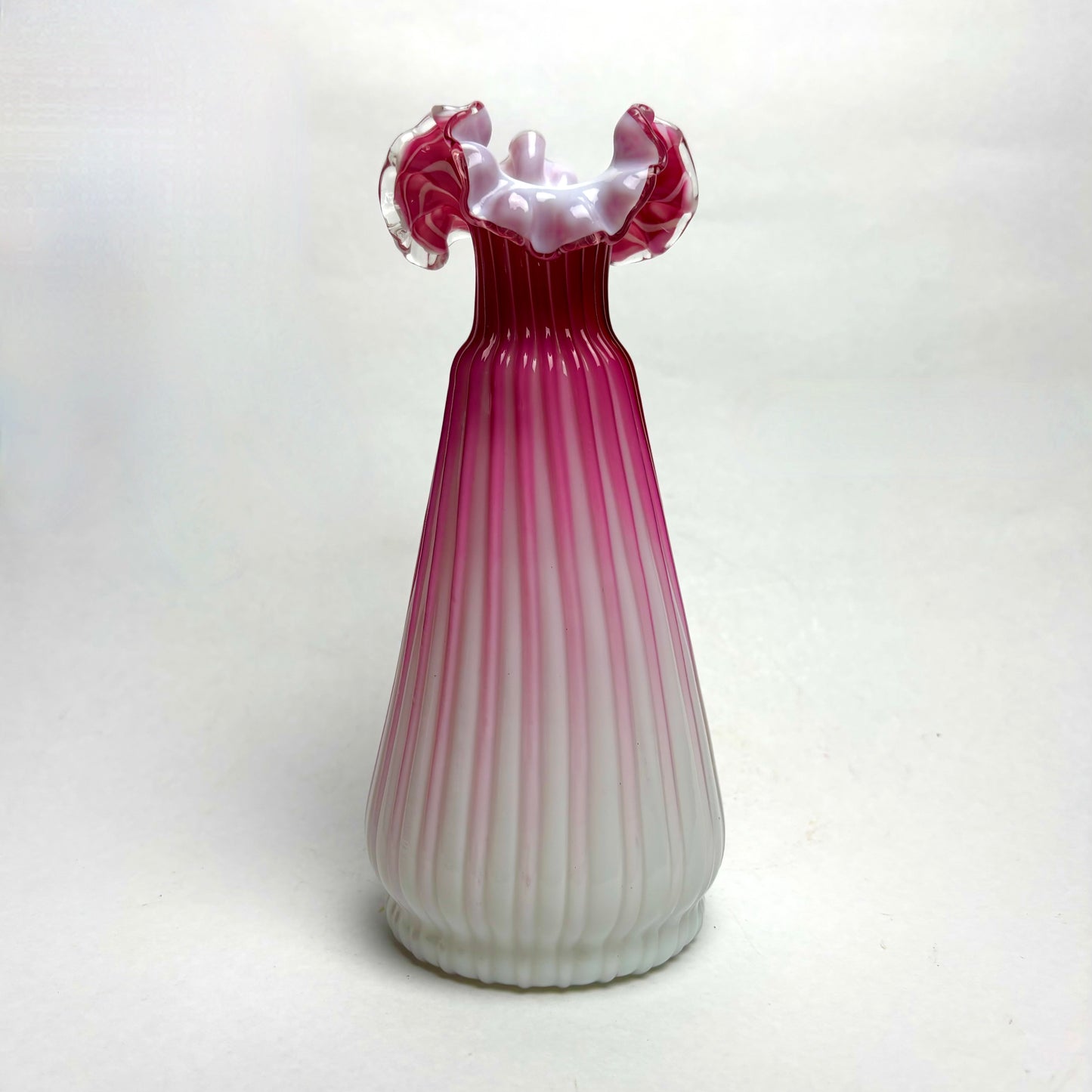 Antique Victorian Pink Ribbed Satin Glass Vase with a Ruffled Rim