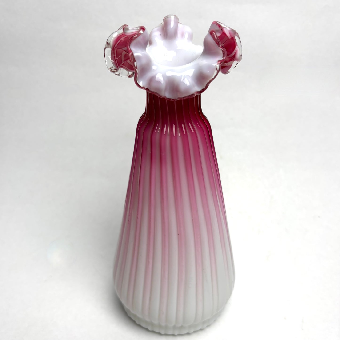 Antique Victorian Pink Ribbed Satin Glass Vase with a Ruffled Rim