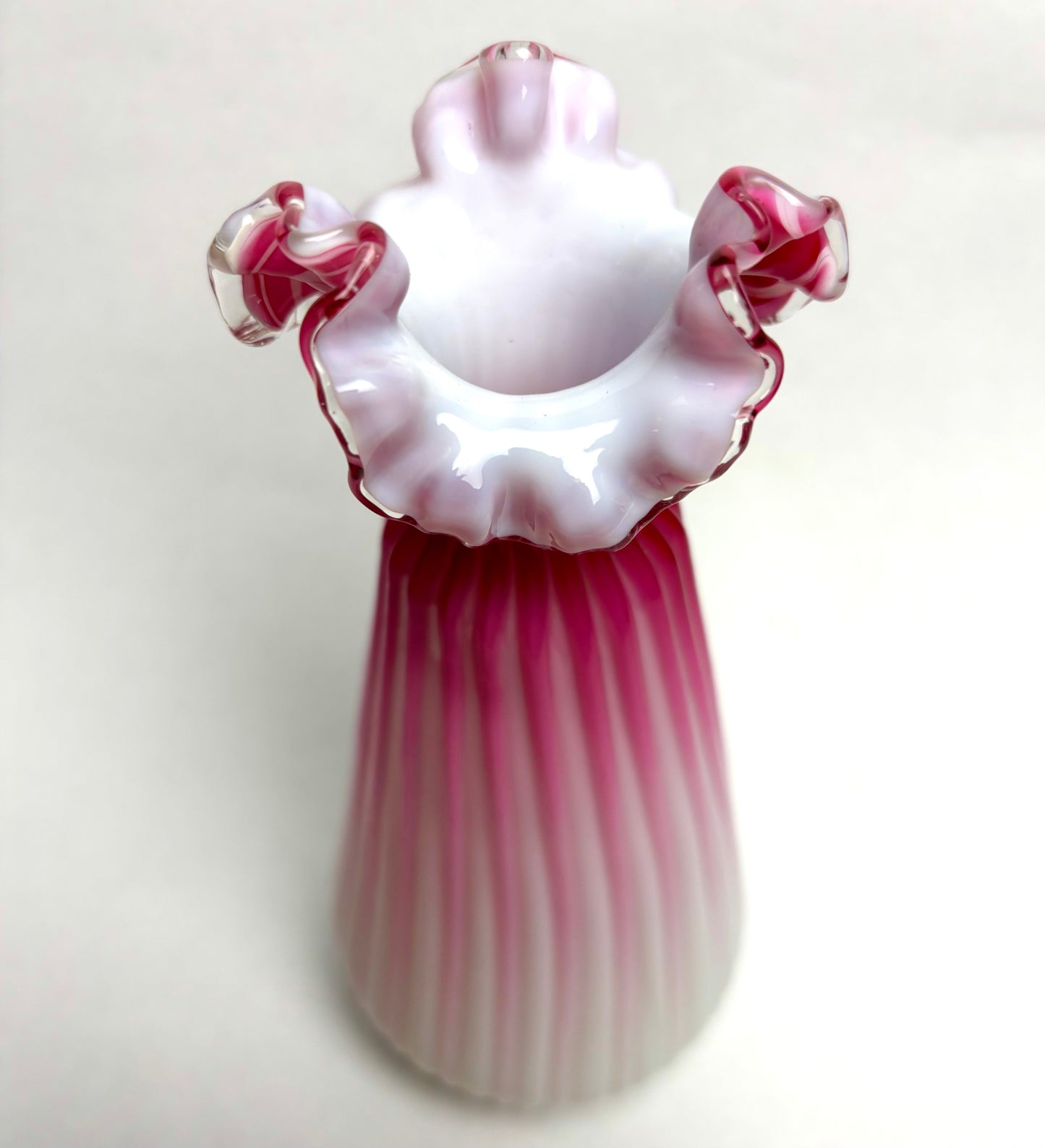 Antique Victorian Pink Ribbed Satin Glass Vase with a Ruffled Rim