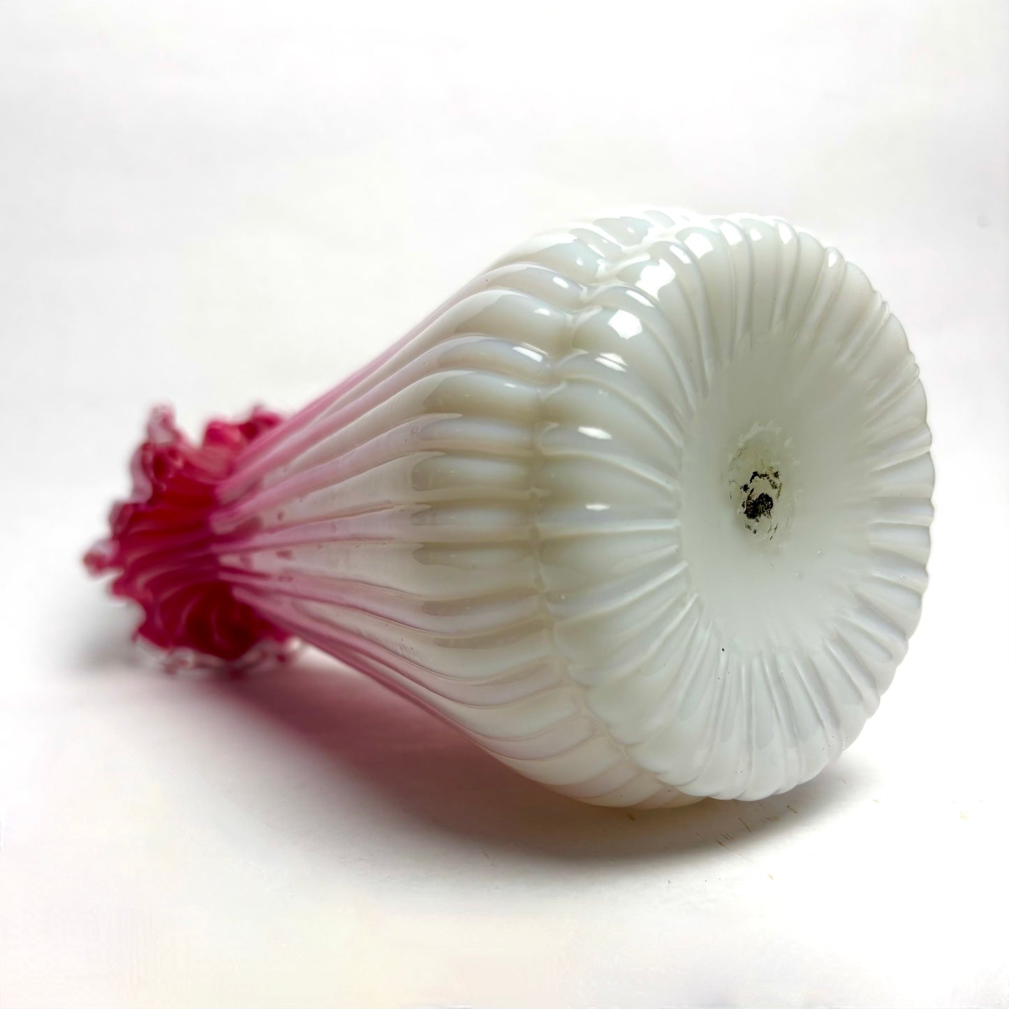 Antique Victorian Pink Ribbed Satin Glass Vase with a Ruffled Rim