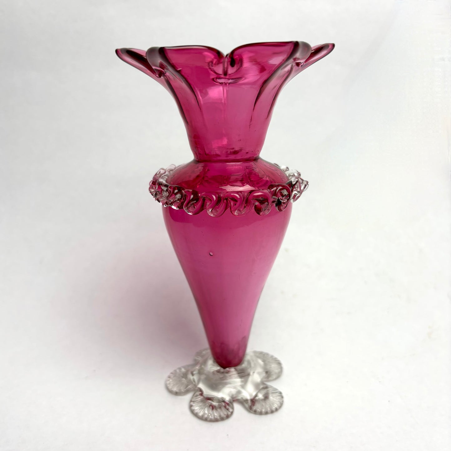 Victorian Cranberry Glass Crimped Ruffled Rim Base Vase