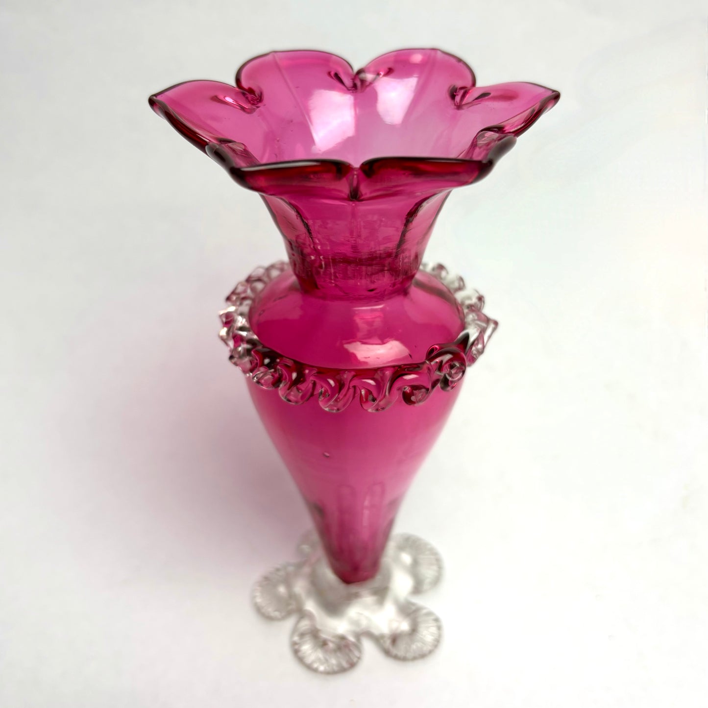 Victorian Cranberry Glass Crimped Ruffled Rim Base Vase