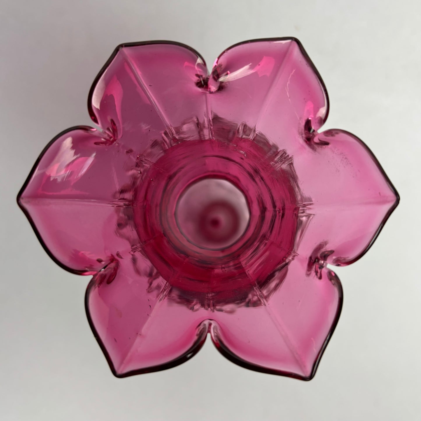 Victorian Cranberry Glass Crimped Ruffled Rim Base Vase