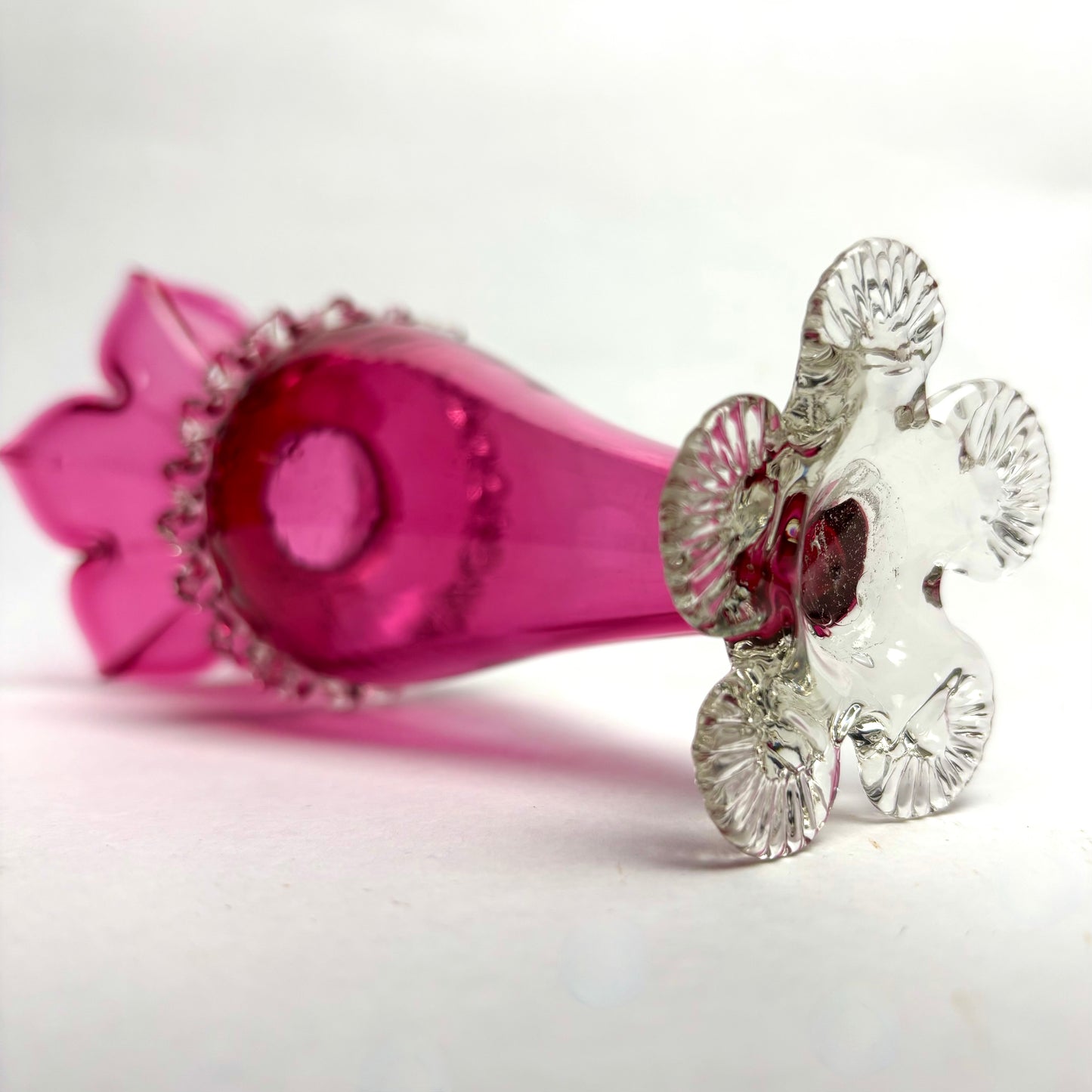 Victorian Cranberry Glass Crimped Ruffled Rim Base Vase